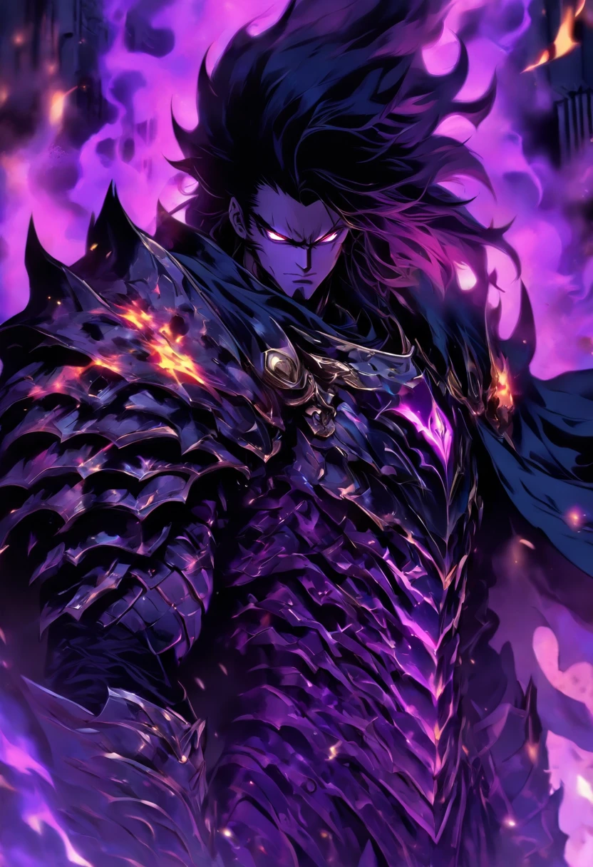 a male anime character with black long hair and purple eyes, character album cover, full art, fantasy character, full art illustration, full portrait of elementalist, character profile art, official character art, official character illustration, merlin, high detailed official artwork, game key, oz, mobile game art, mean face, spiked dark armor, walking pose, purple flames, dark castle on the background, full body armor, dark knight