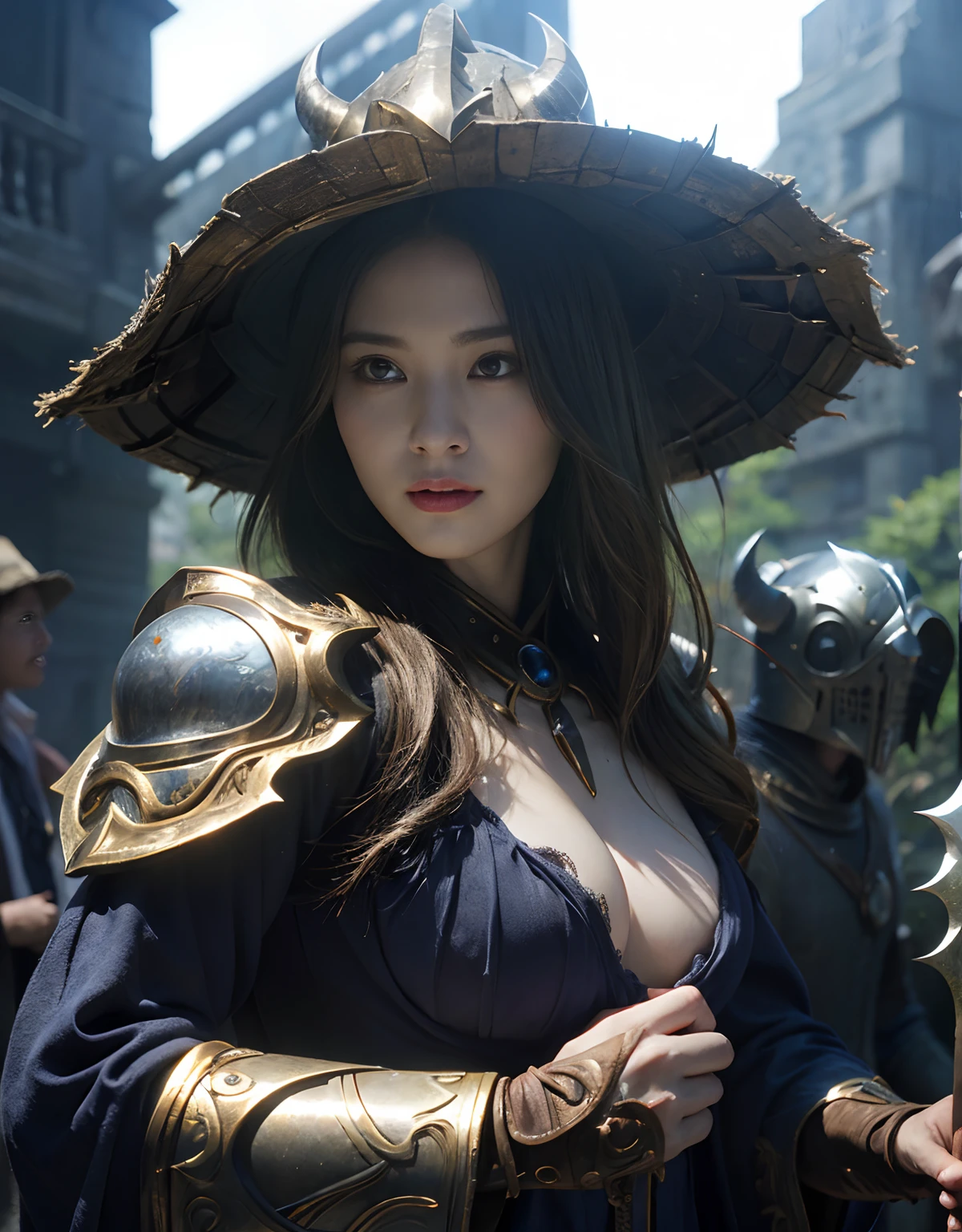 (One Knight Girl)、top-quality、​masterpiece、超A high resolution、(Photorealsitic:1.4)、Raw photo、女の子1人、（Wear the Dark Knight's Armor）、glowy skin、(((Dark Fantasy)))、Fight with beautiful swords and shields、(((Mystical expression))),（Gorgeous gold metal body）、(Fight goblins、ogre、Fierce battle with orcs),（Fighting strong enemies）、Fight fiercely、(Background of decaying dungeon ruins)、（Ultimate Beauty）、（Detailed knight's helmet）、(Fighting Demonic Beasts)、(Wizard Hat)、((super realistic details))、portlate、(Strong giant demon beast background),globalillumination、Shadow、octan render、8K、ultrasharp、Colossal tits、Raw skin is exposed in cleavage、metals、Details of complex ornaments、Japan details、highly intricate detail、Realistic light、(Mystical expression),CGSoation Trends、Red Eyes、radiant eyes、Facing the camera)、Gundam、Small LED、Toostock、（Background of the mutation）、（Attack of the Monster Beasts）、Ultimate Beauty、beautiful female knight、Wear colorful armor、Detailed sword、（Wearing legendary armor）、