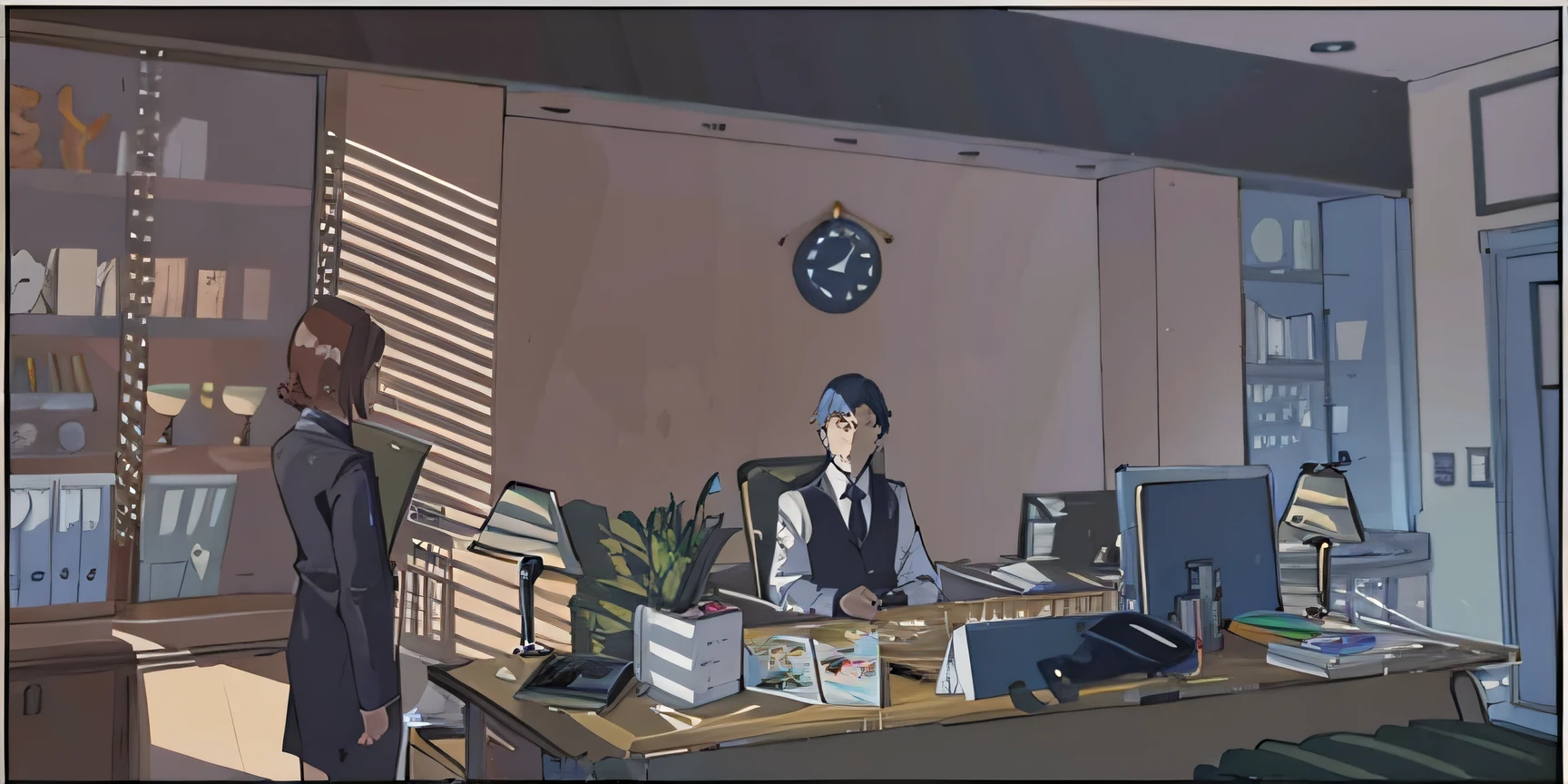 anime scene of a man and woman in a room with a clock, cutscene, office background, clock on background, cel - shaded art style, video game cutscene, cutscene footage, sitting at his desk, random background scene, immensely detailed scene, sharp focus ilustration hq, in the office, opening scene, drawn in a neo - noir style, computer on table desk, calender on table, the man face look at me, th woman is a secretary and the man is a CEO electonic Company