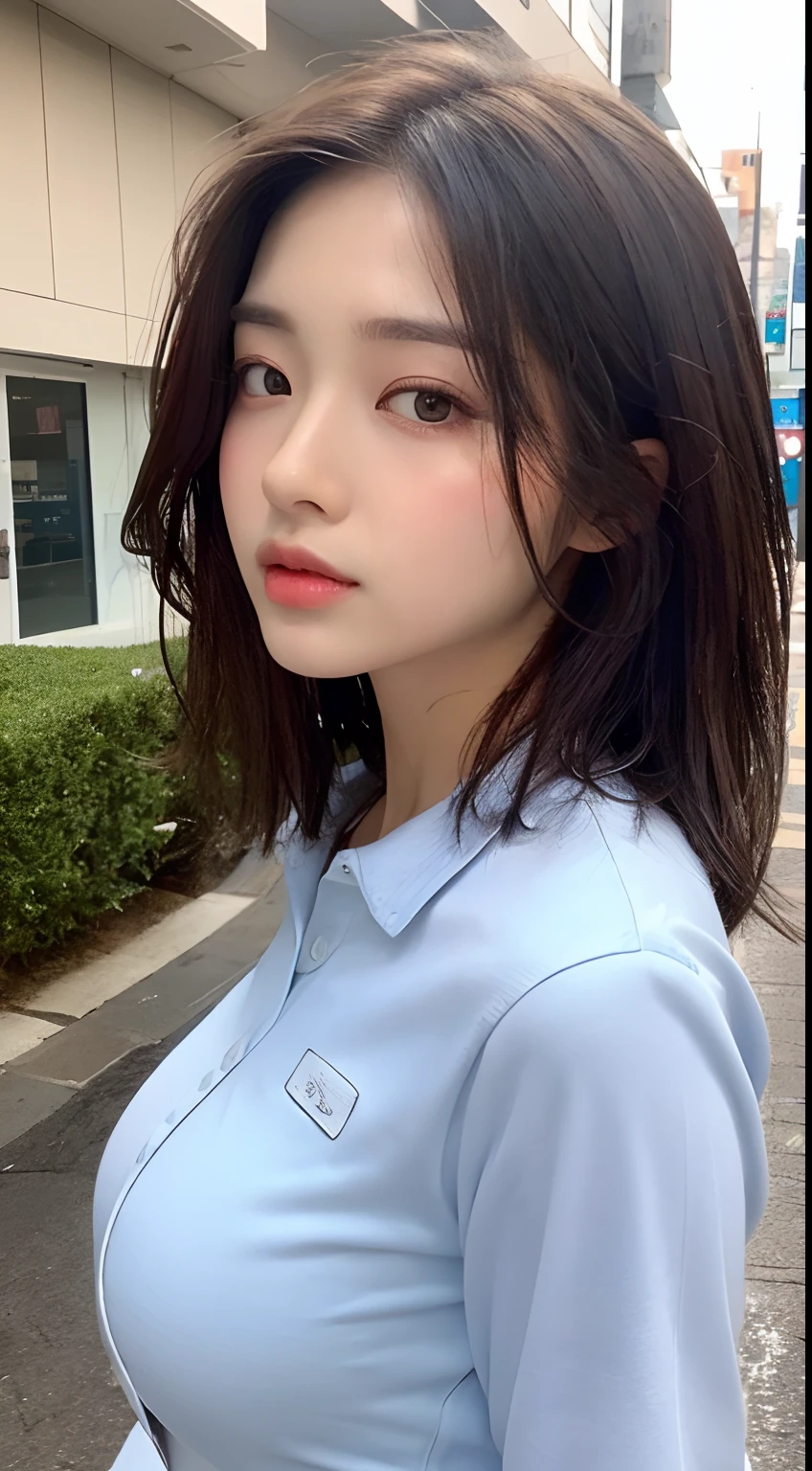 ((Best Quality, 8K, Masterpiece: 1.3)), Sharp: 1.2, Perfect Body Beauty: 1.4, Slim Abs: 1.2, ((Layered Hairstyle, Big Breasts: 1.2)), (Wet White Button Long Shirt: 1.1), (Rain, Street: 1.2), Wet: 1.5, Highly detailed face and skin texture, detailed eyes, double eyelids, side face looking at the camera