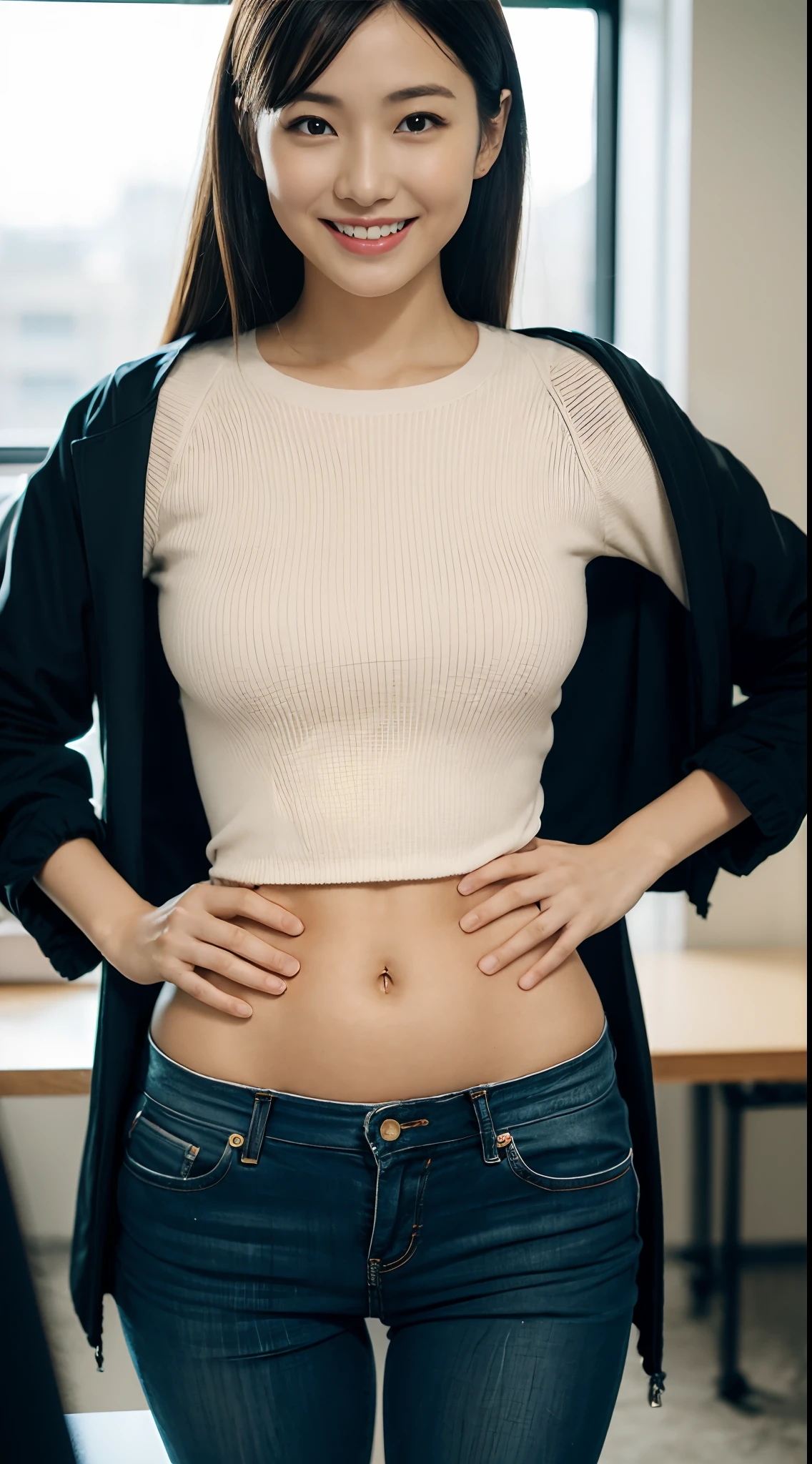 masutepiece, Best Quality, 超A high resolution,(photographrealistic:1.4) (depth of fields),(Lens Glow) , jaket:1.5、Inside the office:1.5、a Pretty Japanese woman:1.5、officeworker、Sexy buttocks:1.5、Stand in the crotch:1.5、smil、(Put your hands on your hips:1.5)、