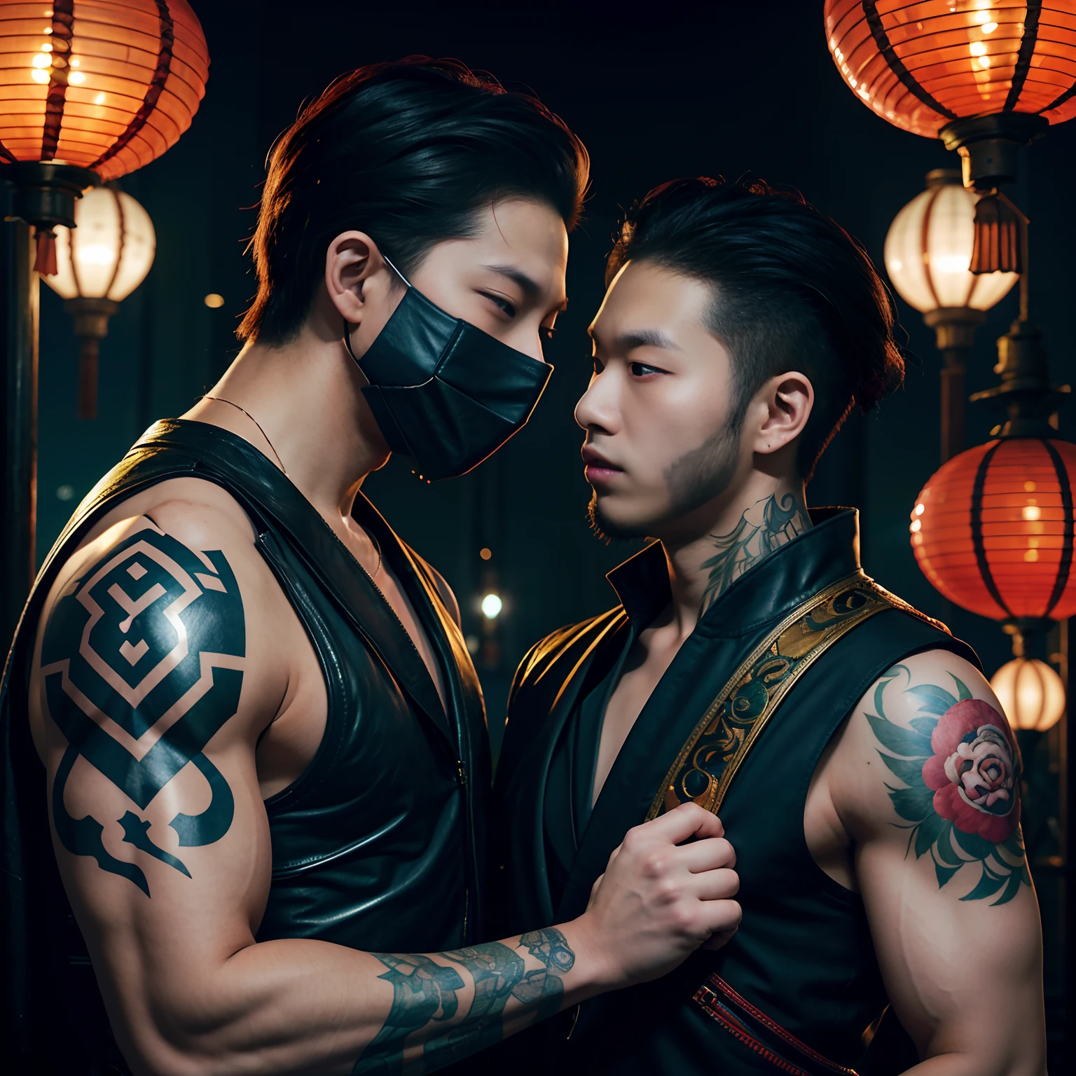 Two Asian men wearing masks and leather vests stand side by side, alessio albi and shin jeongho, jin shan and ross tran, ruan jia and brom, ross tran and bayard wu, & jeehyung lee & Phlegm sputum, phlegm, inspired by Wang Duo, roberto ferri and ruan jia, two muscular men entwined