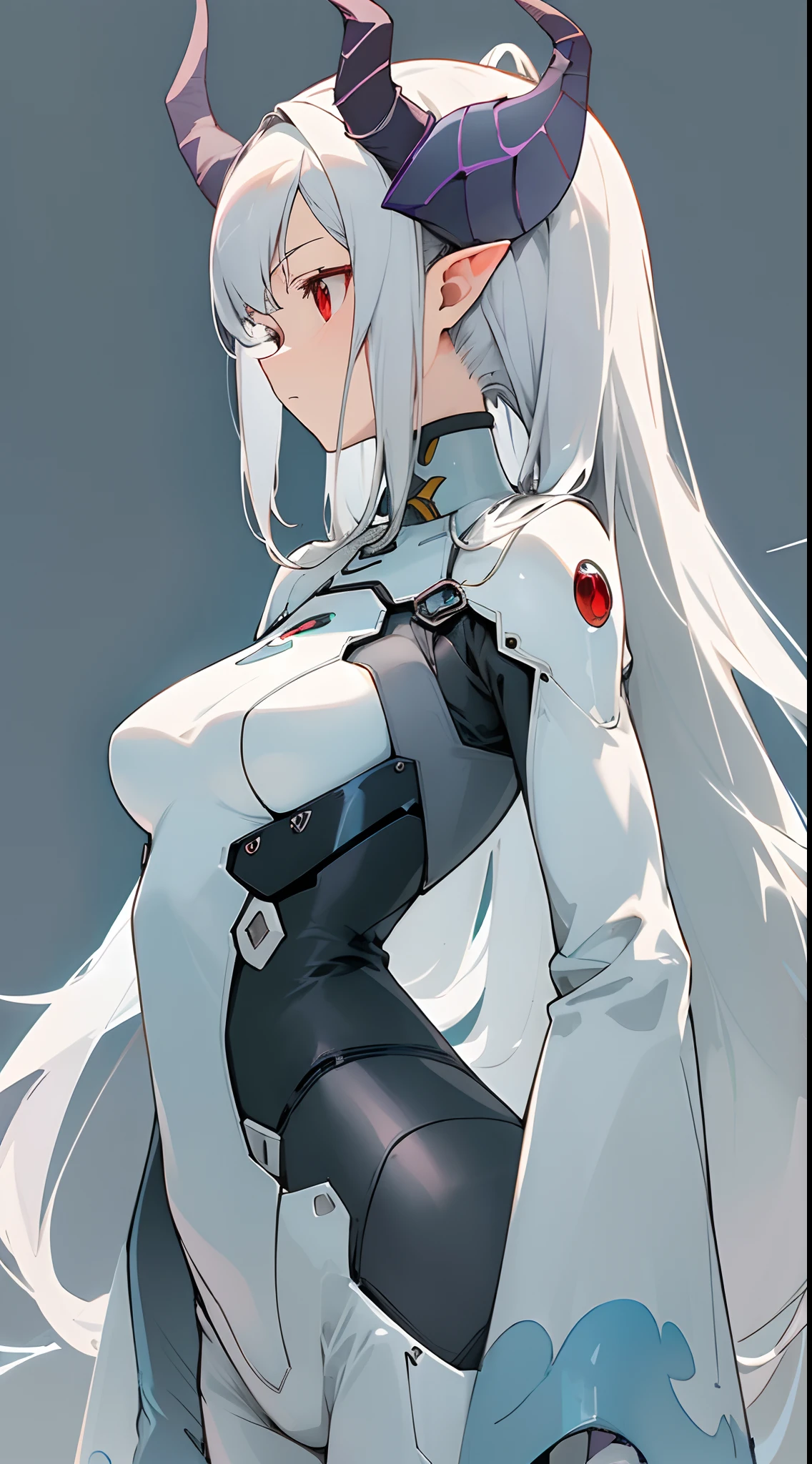 1 , white hair, long hair, cute, tight white suit, standing, lewd smile, city background,