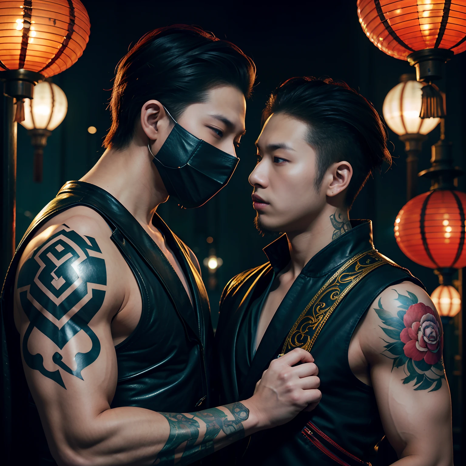 Two Asian men wearing masks and leather vests stand side by side, alessio albi and shin jeongho, jin shan and ross tran, ruan jia and brom, ross tran and bayard wu, & jeehyung lee & Phlegm sputum, phlegm, inspired by Wang Duo, roberto ferri and ruan jia, two muscular men entwined