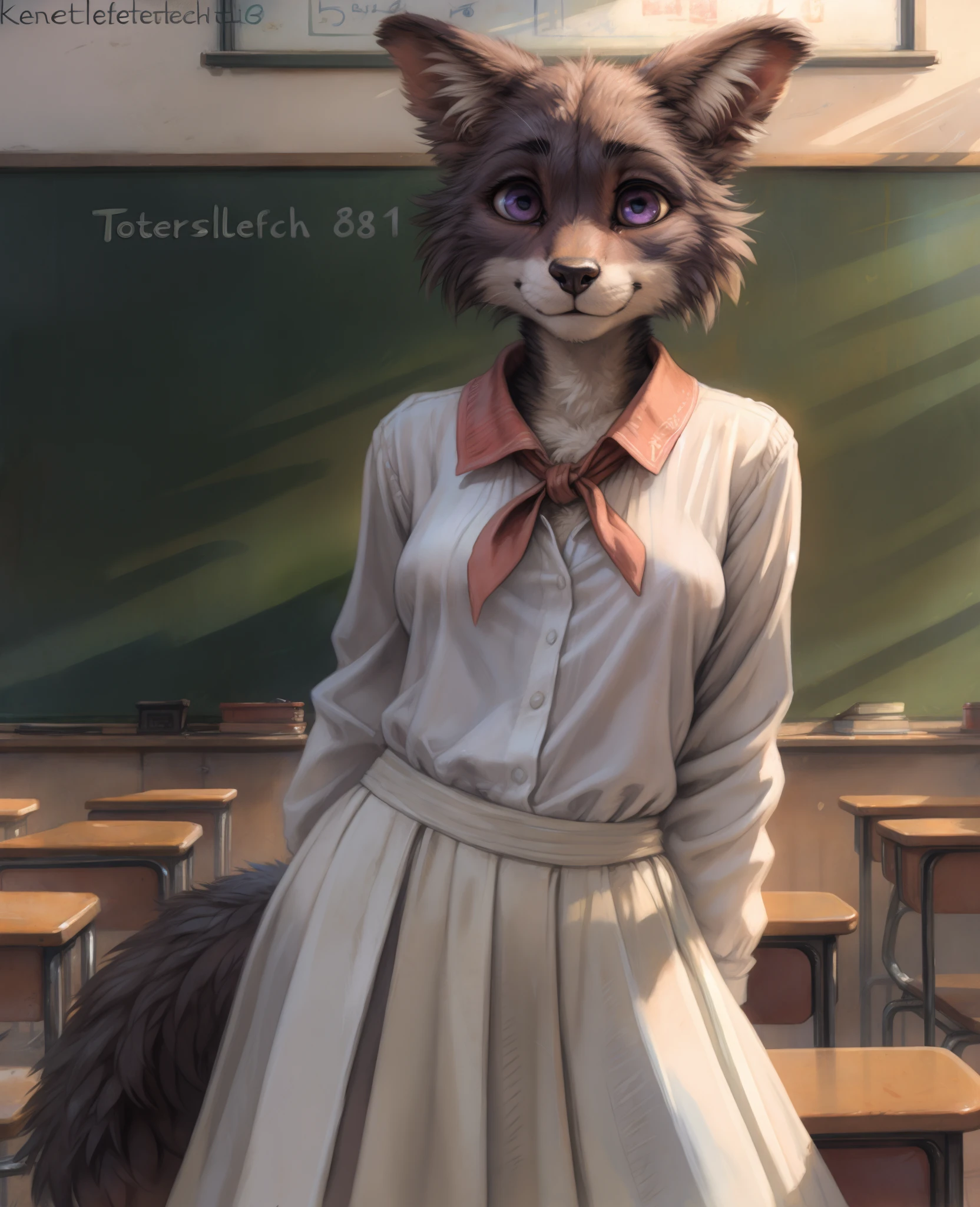 by kenket, by totesfleisch8, (by thebigslick, by silverfox5213:0.8), (by syuro:0.2),,, by kenket, by totesfleisch8, (by thebigslick, by silverfox5213:0.8), (by syuro:0.2),,, furry anthro juno, medium breasts, junouniform, white clothing, long skirt, long sleeves, neckerchief, solo, full body, tail, countershading, (best quality, masterpiece:1), standing, sexy pose, purple eyes, looking at viewer, (school classroom background:1.1),