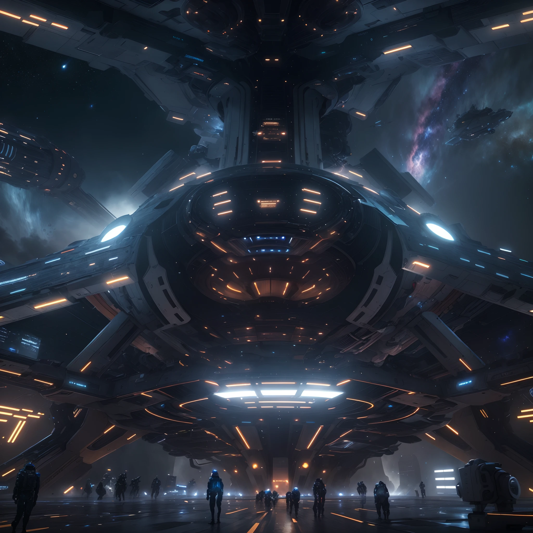 A huge spaceship,full bodyesbian,Solo,Spaceships in the Avengers,seen from outside,(multiple lighting sources:1.5),Detailed hull details,Cosmic galaxy background,Escaped spaceship,((Best quality)), ((Masterpiece)), (Epic composition:1.2), (unreal 5 render:1.1)