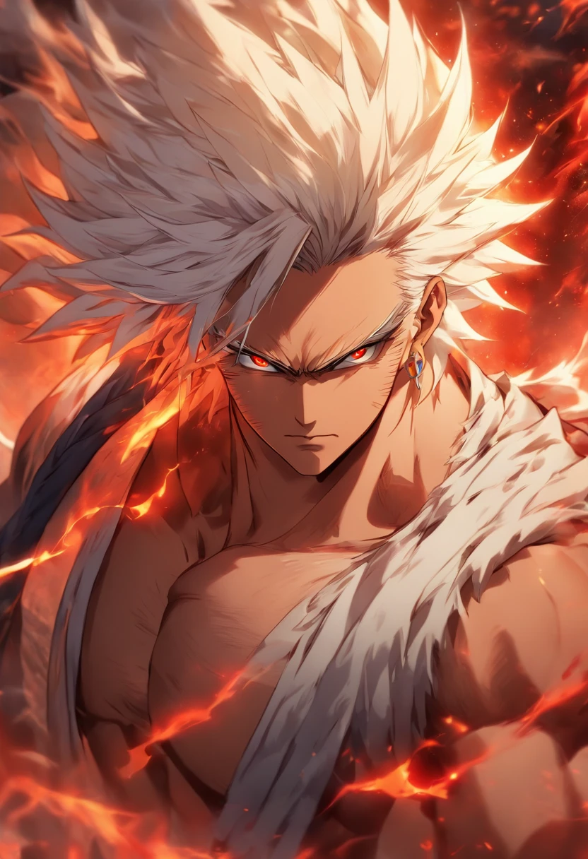 a male anime character with white hair and red eyes, character album cover, full art, antasy character, full art illustration, full portrait of elementalist, character profile art, official character art, official character illustration, merlin, high detailed official artwork, game key art, omoide emanon, oz, mobile game art, fangs, smurk, white hair, no shirt, muscular body, walking pose