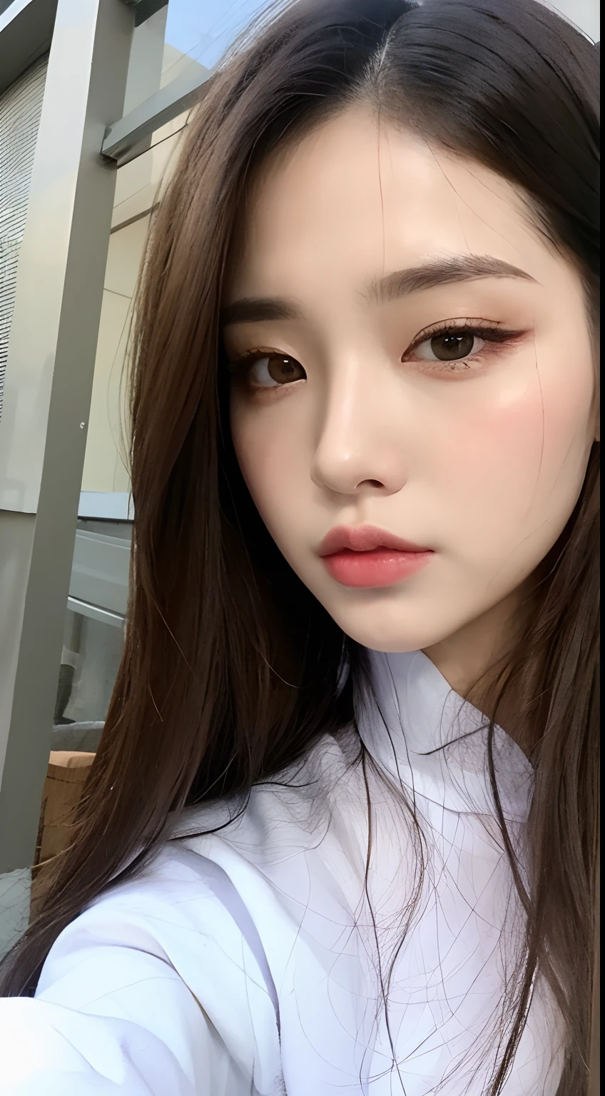 ((Realistic lighting, Best quality, 8K, Masterpiece: 1.3)), Clear focus: 1.2, 1girl, Perfect Figure: 1.4, Slim Abs: 1.1, ((Dark brown hair)), (white oversize t-shirt : 1.4), (home, daynight: 1.1), home,Super fine face, Fine eyes, Double eyelids, selfie