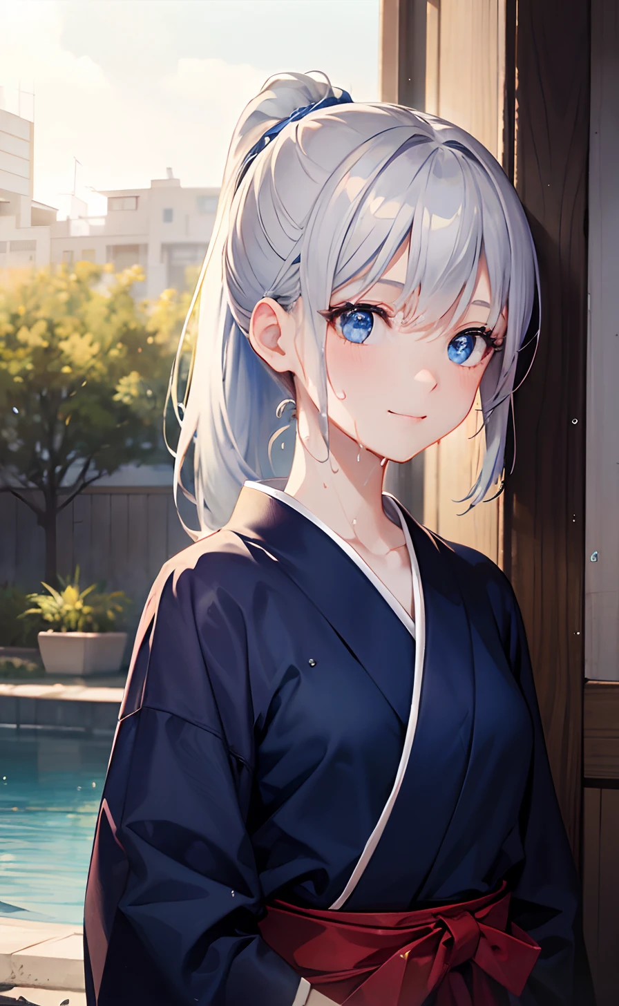 masterpiece,Top image quality,hight resolution,imagem 4k,Raw photo,Photorealsitic,{Solo},teens girl,innocent smiles,Silver Ponytail,frontage,stare at each other,Wet,Blue eyes,hakama,swordsmen