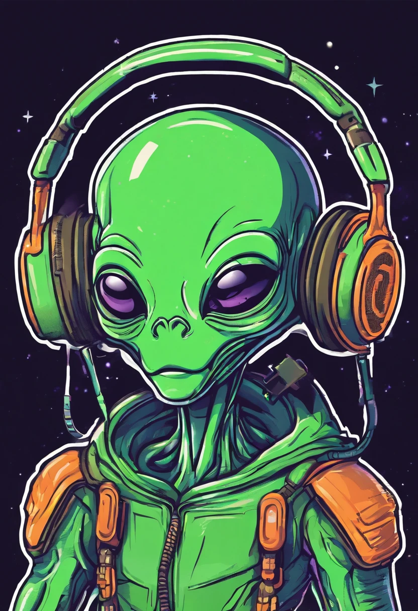 manga comic cartoon of a rounded fluorescent green-black color big head alien dj , add monster energy logo , and add the text ¨Rick D´Angle ¨ to the image , totaly night view photo with ultra open wide lens photo technic