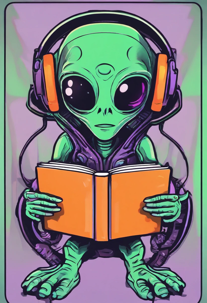 Iconic vector logo of a cute alien wearing headphones and holding an English book, style of sticker,
made only from lines, pastel green, orange and lilac colors, black background