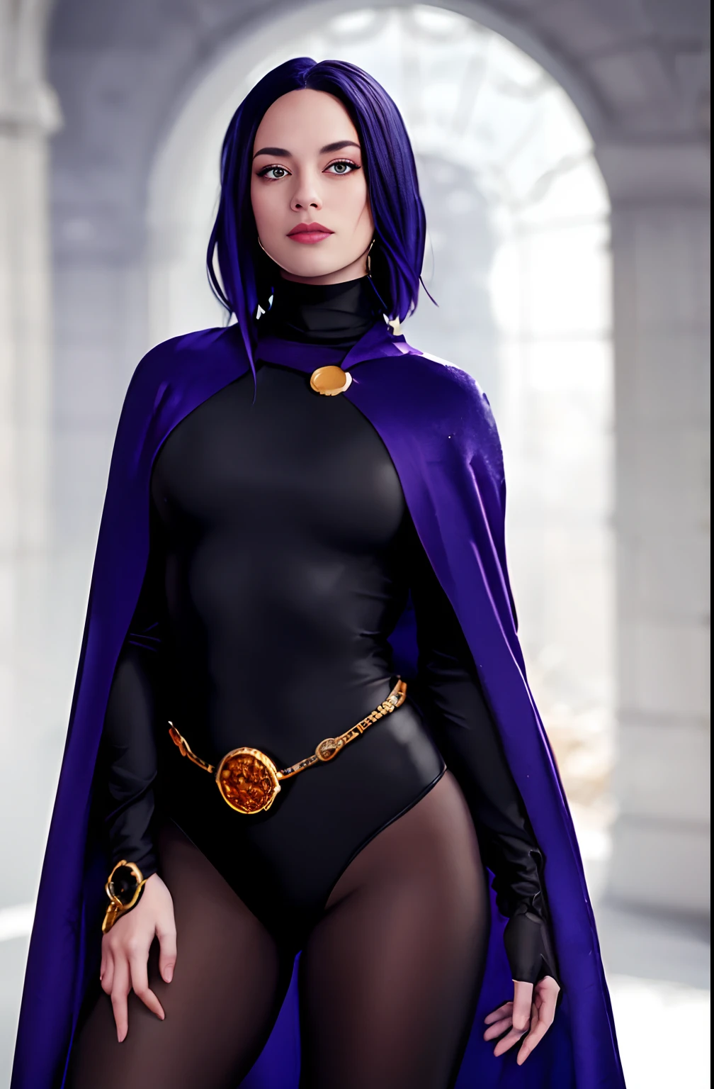 1girl, cowboy shot of rvn, hotraven, pale skin, black leotard, turtleneck, tights, cape, glowing eyes, gold belt, jewels, medallion, athletic, looking at viewer, night, dark forest, mist, fog, volumetric lighting, best quality, masterpiece, intricate details, tonemapping, sharp focus, hyper detailed, realistic