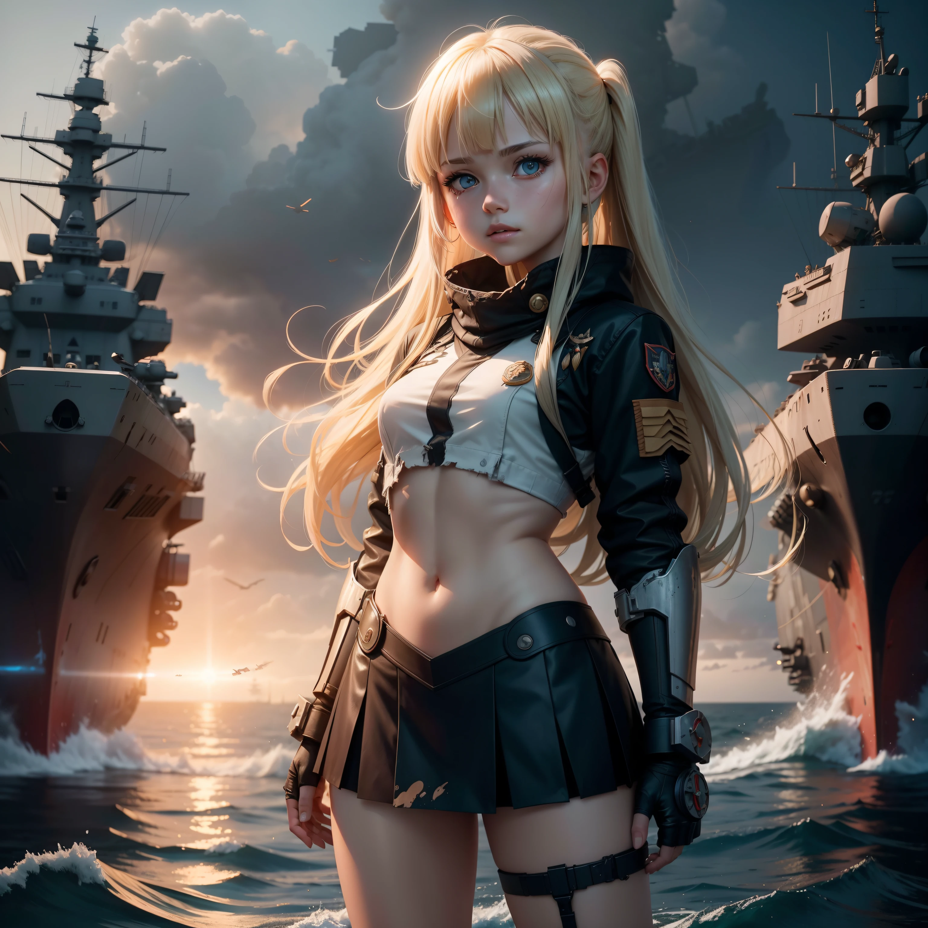 Destroyed aircraft carrier,ukrainian girl , Ukrainian anime girls , , Ukraine , Full body composition of young girl with messy bright blonde hair, eye make up, , Soft lighting, Solo,, badges, Pose, Blotch color, Octane Render, Hyperrealistic intricate detail, Cinematic, 8K resolution, 70mm, Accent Lighting, Global Illumination, Full body portrait, clean detailed faces, poneyTail,Cute face,, Slim legs,Combat Armor,long court,Battleship Deck,