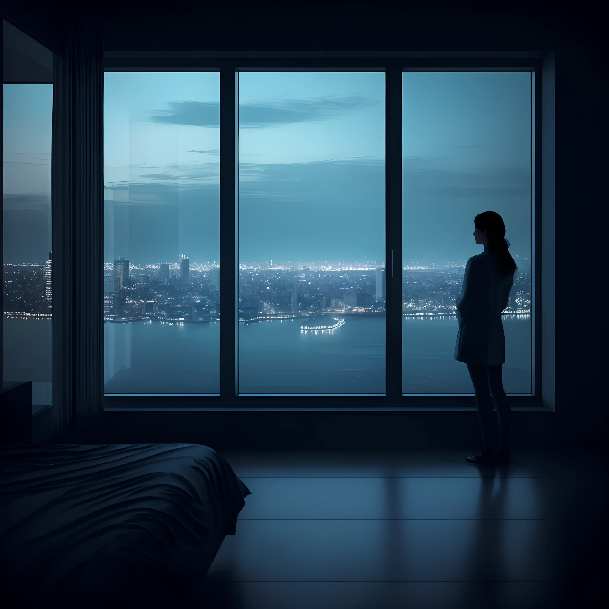 A woman stands in front of a window looking at the Alafid view of the city, calm evening. Digital illustration, late night melancholic photo, standing in a dimly lit room, looking at the city, looks out the window, standing beside window, looking in the window, Looking out the window, looking out, looks out the window