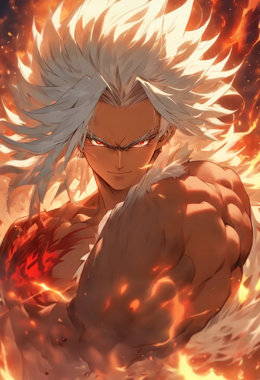 a male anime character with white hair and red eyes, character album cover, full art, antasy character, full art illustration, full portrait of elementalist, character profile art, official character art, official character illustration, merlin, high detailed official artwork, game key art, omoide emanon, oz, mobile game art, fangs, smurk, white hair, no shirt, muscular body, walking pose, shirtless