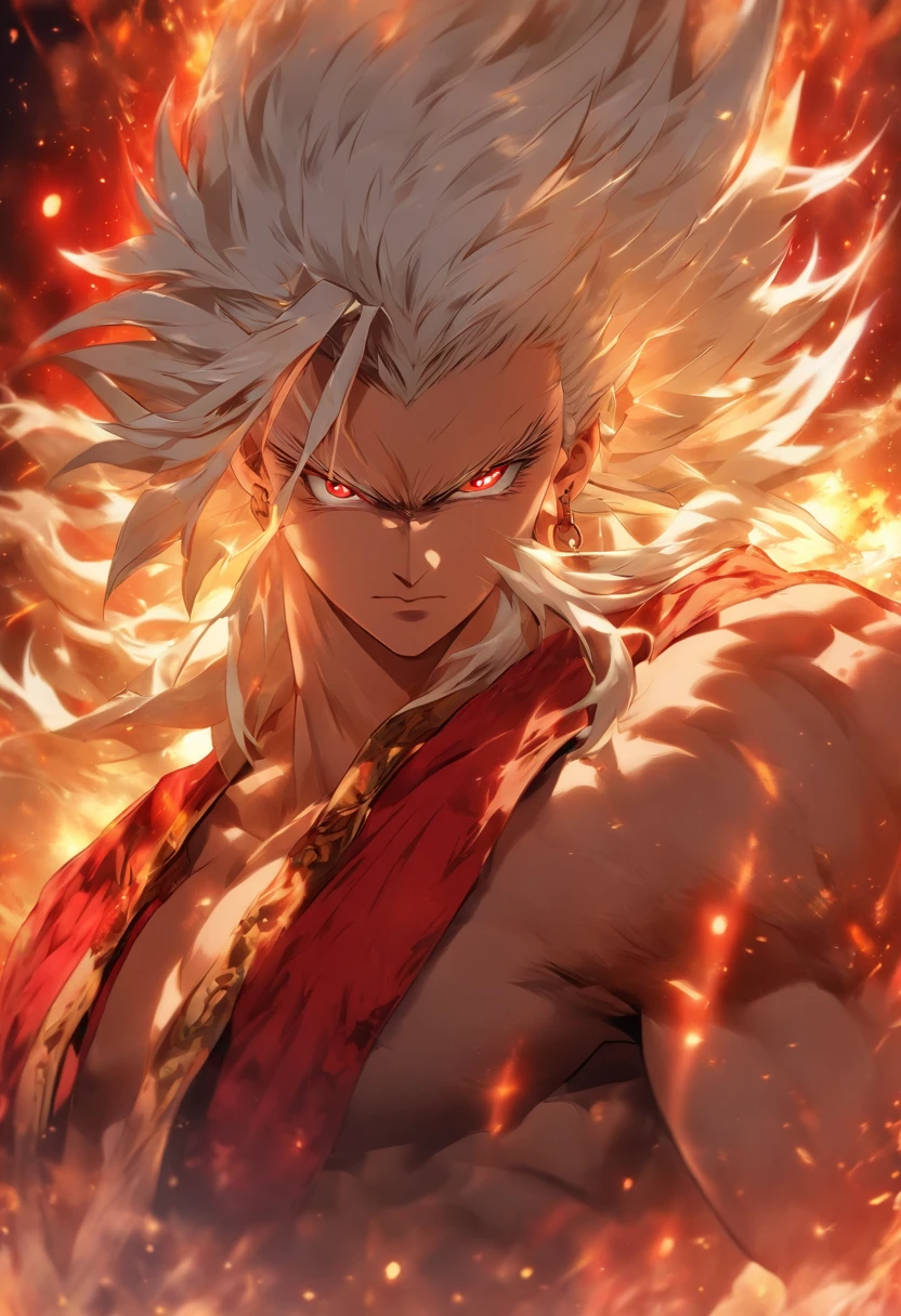 a male anime character with white hair and red eyes, character album cover, full art, antasy character, full art illustration, full portrait of elementalist, character profile art, official character art, official character illustration, merlin, high detailed official artwork, game key art, omoide emanon, oz, mobile game art, fangs, smurk, white hair, no shirt, muscular body, walking pose, shirtless