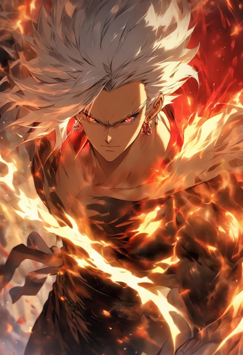 a male anime character with white hair and red eyes, character album cover, full art, antasy character, full art illustration, full portrait of elementalist, character profile art, official character art, official character illustration, merlin, high detailed official artwork, game key art, omoide emanon, oz, mobile game art, fangs, smurk, white hair, no shirt, muscular body, walking pose, shirtless
