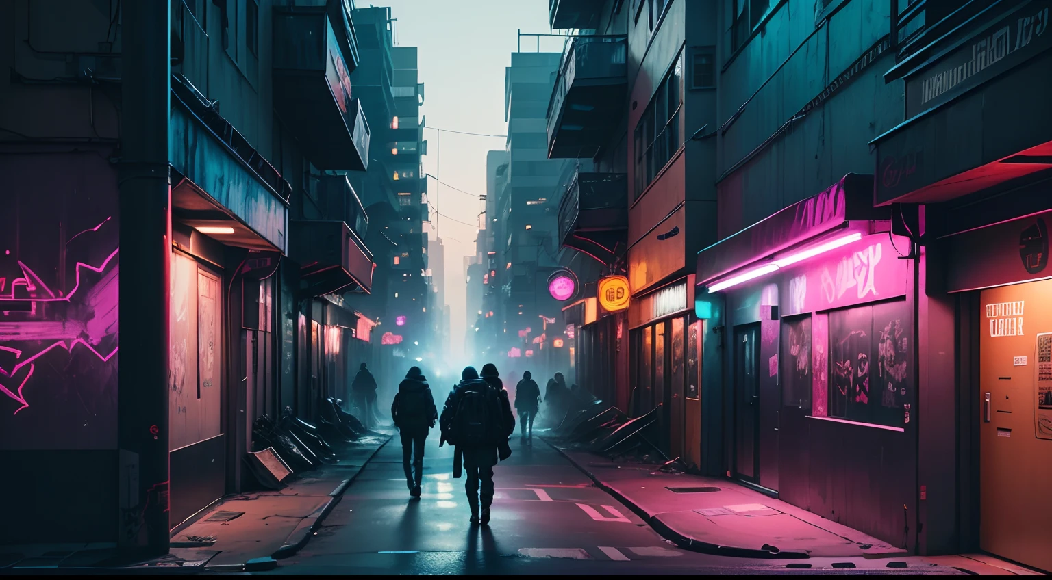 (best quality,4k,highres,masterpiece:1.2),detailed cyberpunk neon cityscape,people passing by,anonymously graffiting on a wall with spray can in hand,dark alleyway,neon lights,gritty urban atmosphere,industrial buildings,glowing signs,nighttime view,colored smoke,splashes of paint,street art culture,vibrant colors,dimly lit corners,hidden identity,atmospheric shadows,gritty textures,city chaos,vivid tags,urban decay.