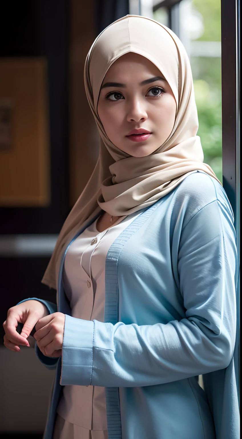 Beautiful matur malay girl, modern plain hijab, shy, medium portrait, watery eyes、White nurse uniform、Nurse's white tight skirt ((Slimed、小柄))、Wearing a blue cardigan Have medical records A smile Photorealsitic、a picture、masterpiece、reallistic、真实感、photorealisim、High contrast、Photorealistic Art Station Trend Digital Art 8k HD High Resolution Explanation Real, detaileds, Skin Texture, ultra-detailliert, realistic skin textures, armature, top-quality, 超A high resolution, (Photorealsitic:1.4),, hight resolution, detaileds, Raw foto, Sharp Re, Nikon D850 Film Stock Photo by Lee Jefferies 4 Kodak Portra 400 Camera F1.6 lenses rich colors hyper realistic lifelike textures dramatic lighting unreal engine artstation trends synestil 800,5Precision details of beautiful hands with fingers