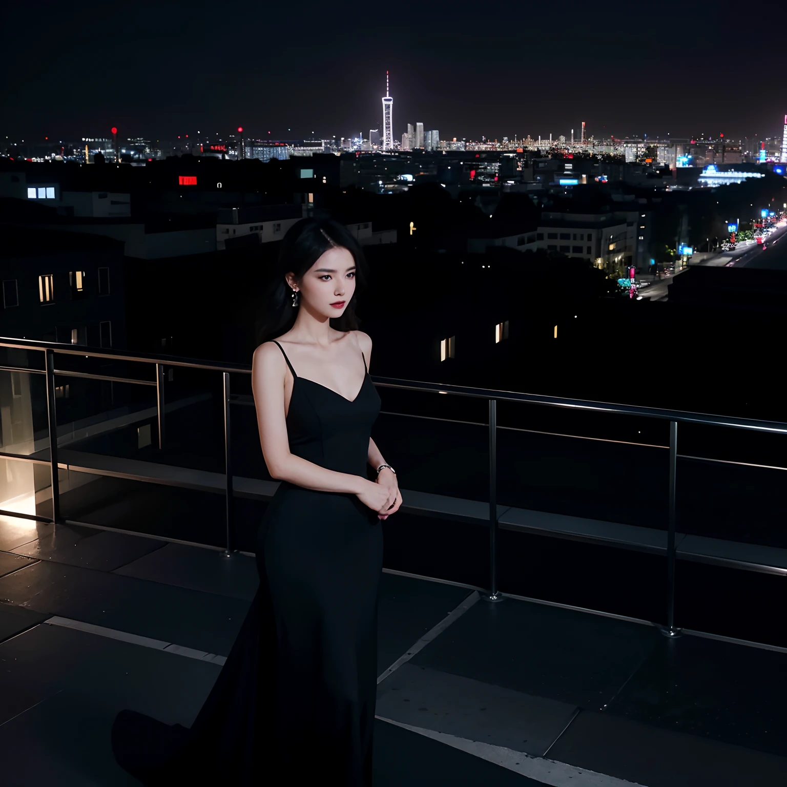 Woman in black dress overlooking city at night, Overlooking the modern city, looking at the city, looking at the city, Graceful woman in black dress, Wearing elegant dresses, Looking out, city in background, Beautuful Women, Portrait photos, nightlife, neo - noir style, location: TOKYOcty。, On the rooftop, On the roof, Roof the city