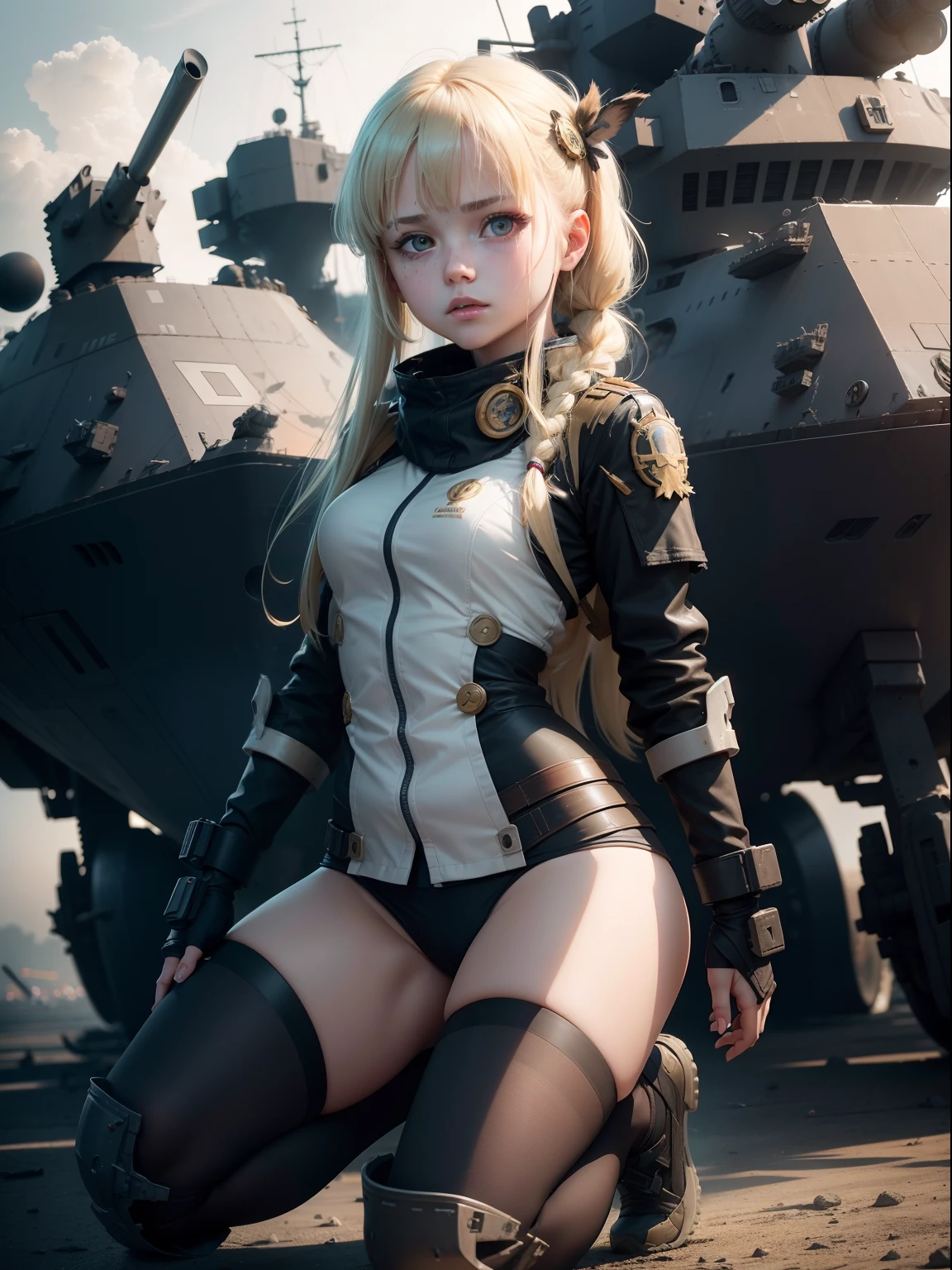 Destroyed aircraft carrier,ukrainian girl , Ukrainian anime girls , , Ukraine , Full body composition of young girl with messy bright blonde hair, eye make up, , Soft lighting, Solo,, badges, Pose, Blotch color, Octane Render, Hyperrealistic intricate detail, Cinematic, 8K resolution, 70mm, Accent Lighting, Global Illumination, Full body portrait, clean detailed faces, poneyTail,Cute face,, Slim legs,Combat Armor,long court,Battleship Deck,