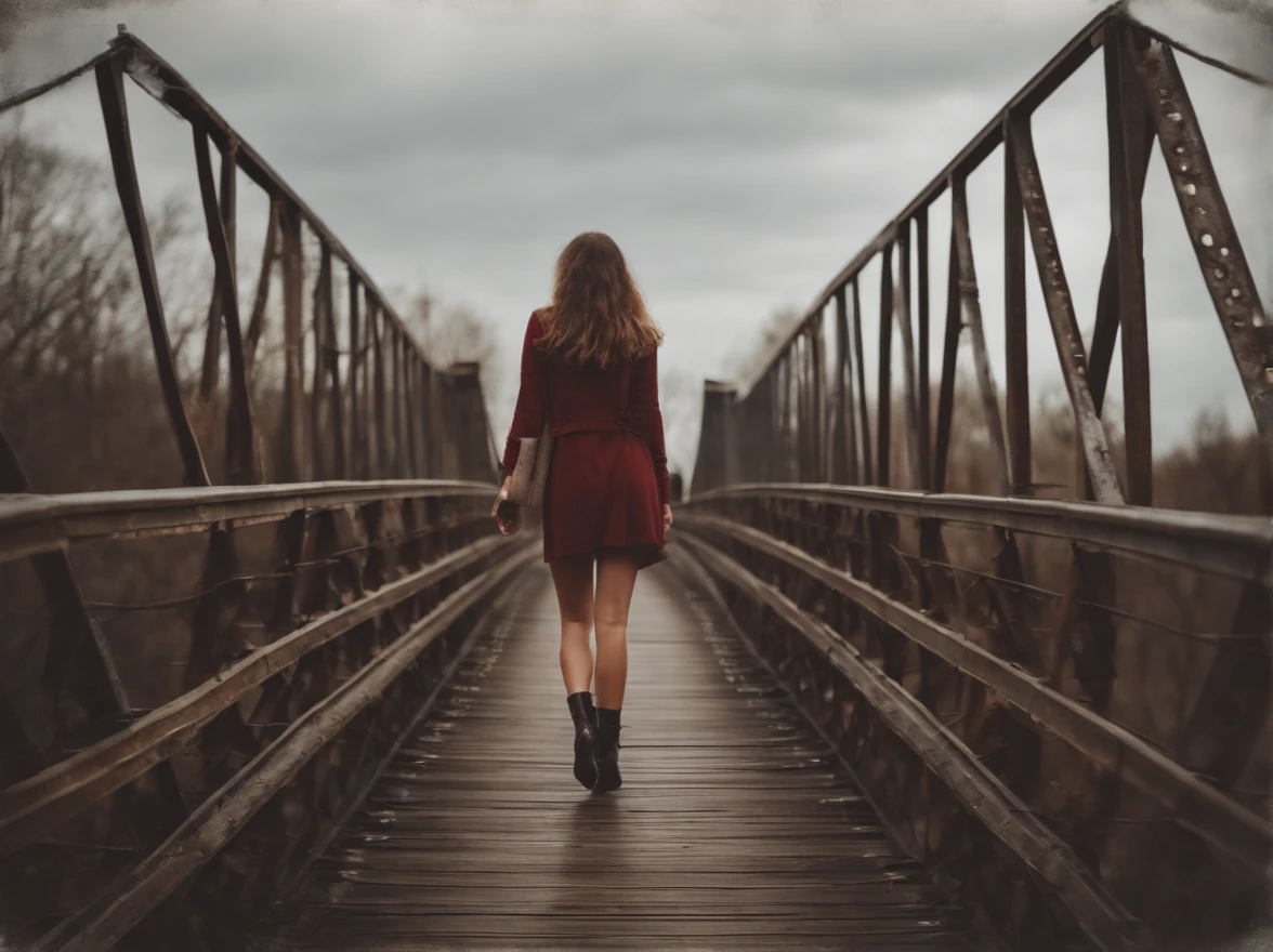 beautiful girl walking on old metal bridge old photo