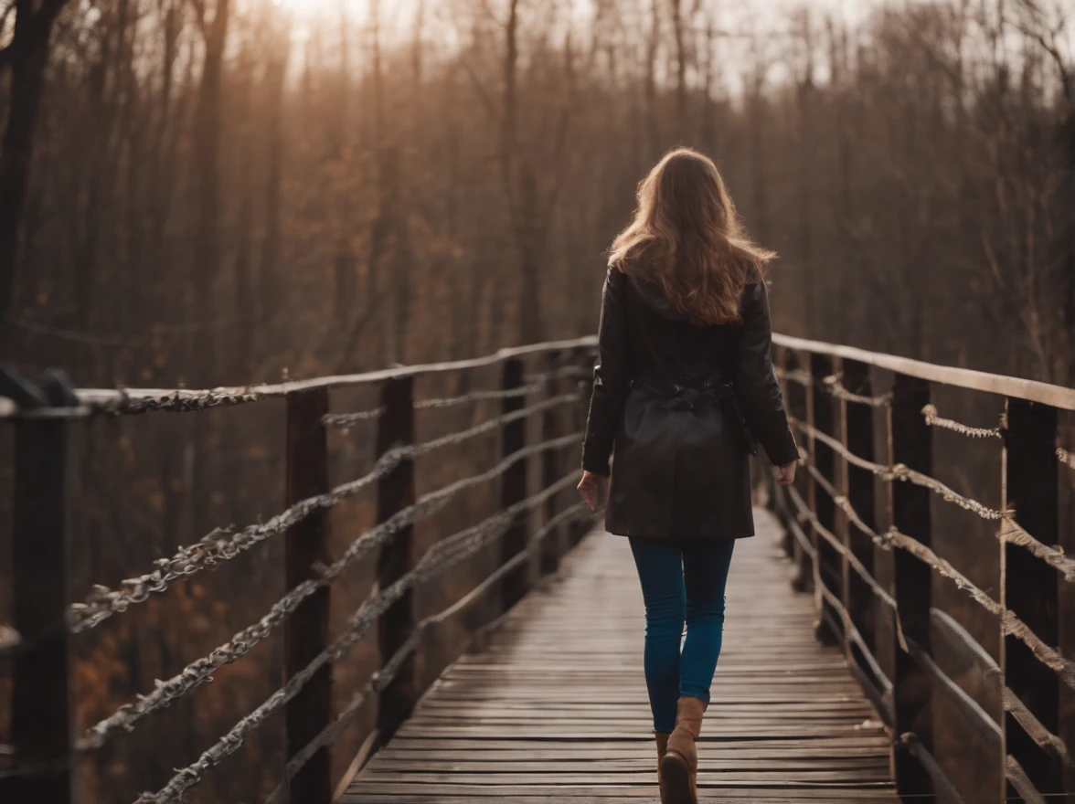 beautiful girl walking on old metal bridge old photo