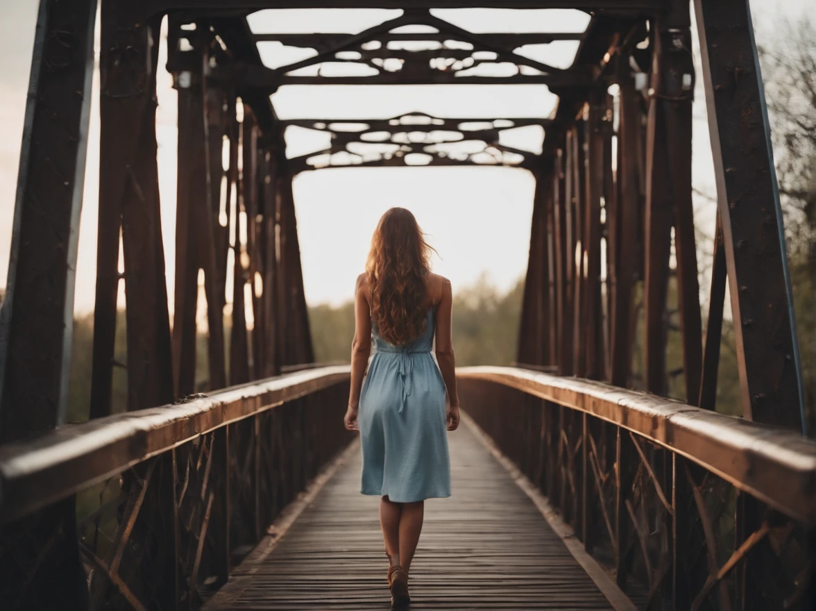 beautiful girl walking on old metal bridge old photo