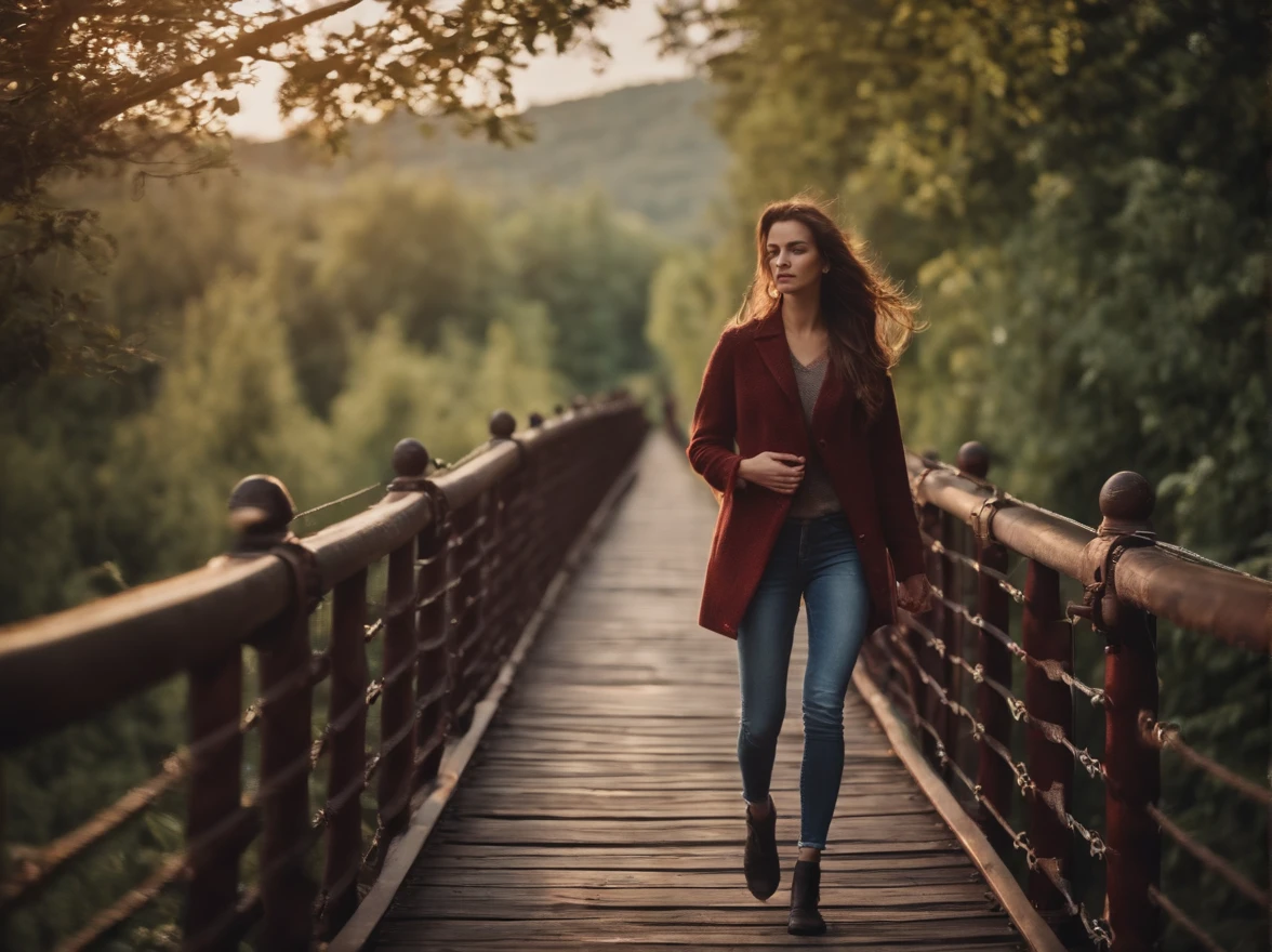 beautiful girl walking on old metal bridge old photo