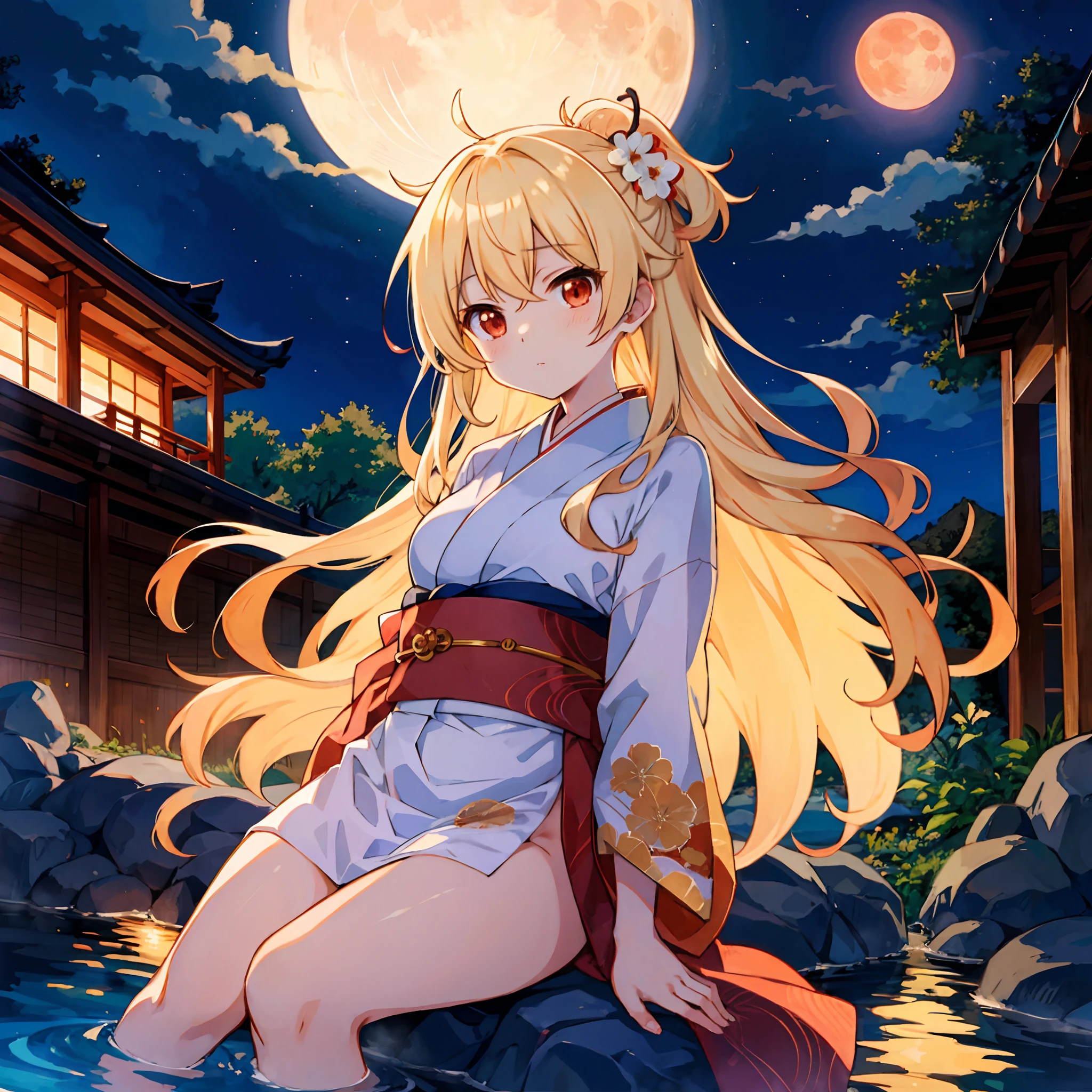 Wavy blonde、red eyes、One Beautiful Girl、Kimono、a moon、natta、hot onsen