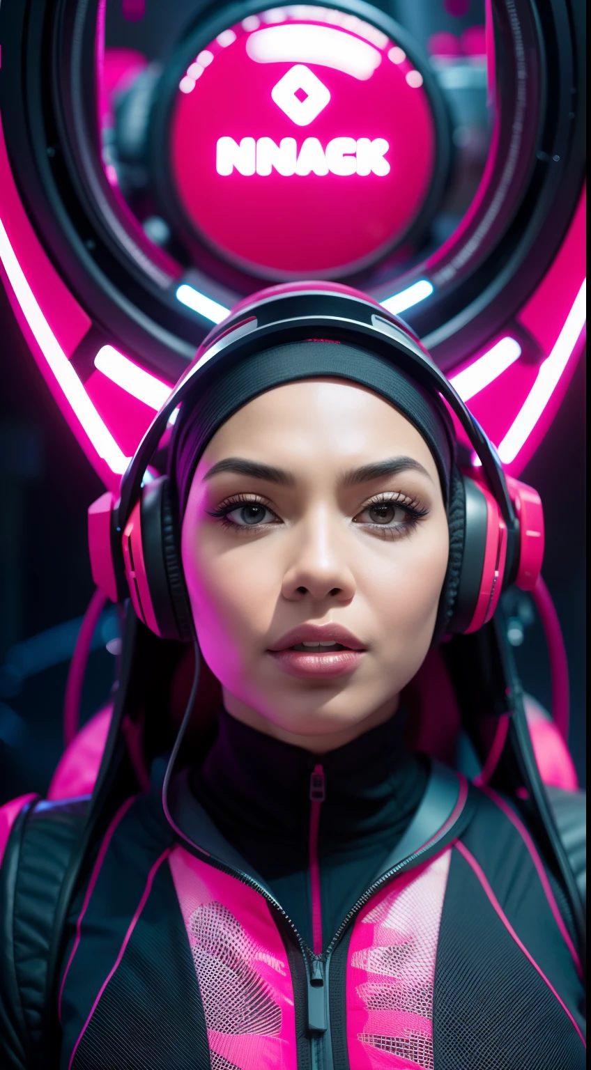 Create a futuristic sci-fi portrait featuring the Malay woman in sleek, high-tech attire, posing against a backdrop of advanced technology and neon lights, symbolizing innovation and progress