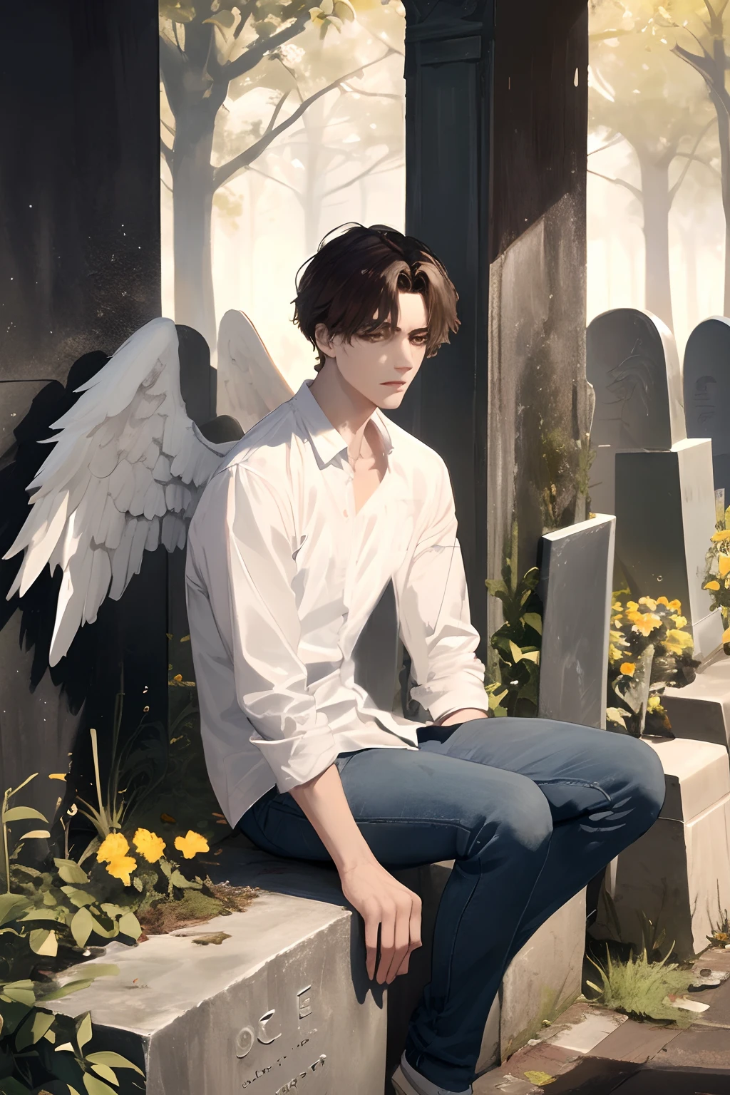 There is a man sitting in a tomb with white angel wings, young wan angel, artwork in the style of guweiz, Fallen Angel, winged boy, angel of death, by Yang J, handsome guy in demon slayer art, by Shitao, detailed fan art, Portrait of the Angel of Death, Handsome Anime Pose, angel of death