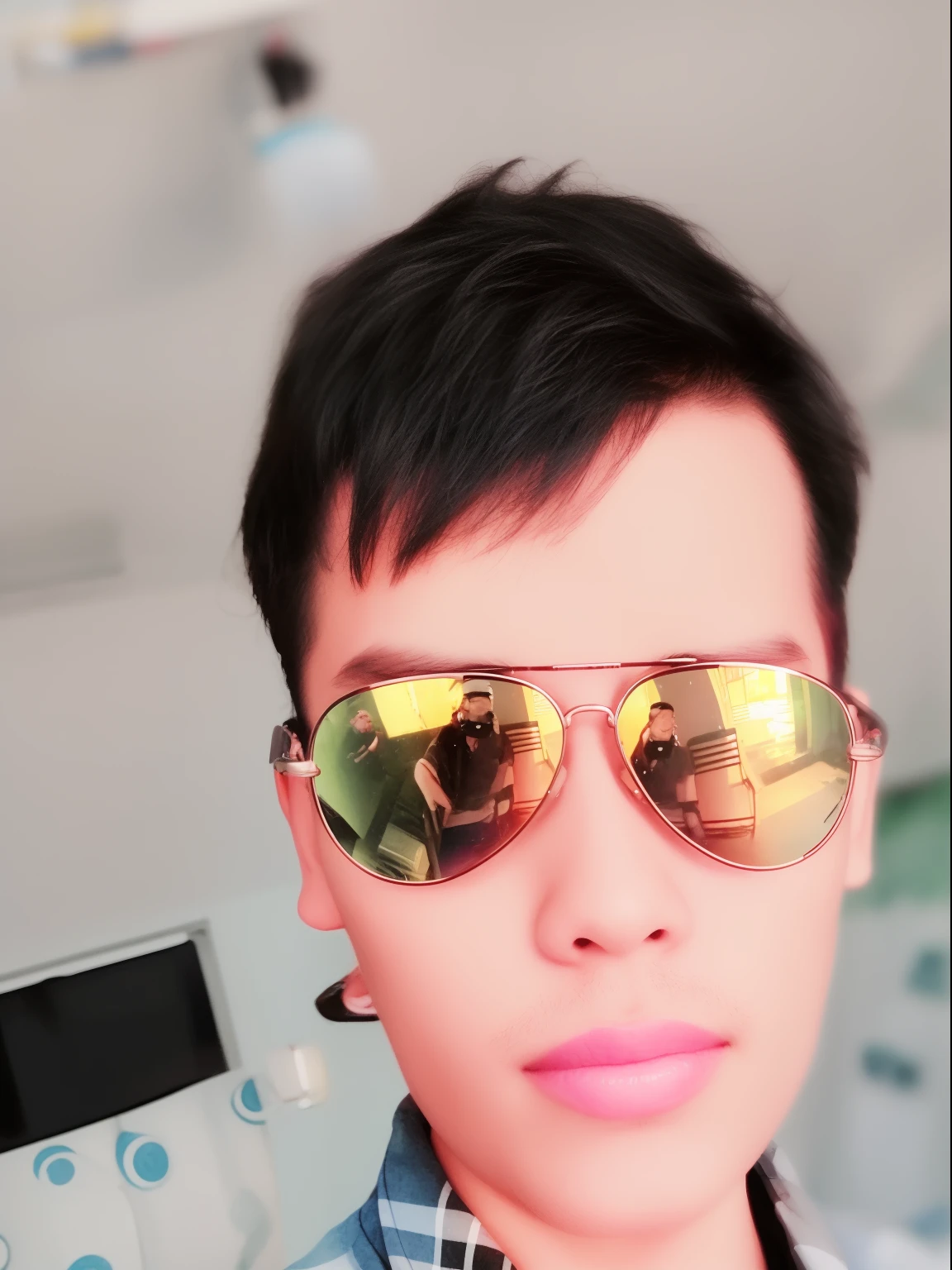 there is a man wearing sunglasses and a plaid shirt taking a selfie, with sunglass, with accurate face, in style of lam manh, dang my linh, hoang long ly, nivanh chanthara, thawan duchanee, by Abidin Dino, ayan nag, ramil sunga, mohamed chahin style, bao pham, Pagoda Background, Cinematic Lighting,4k