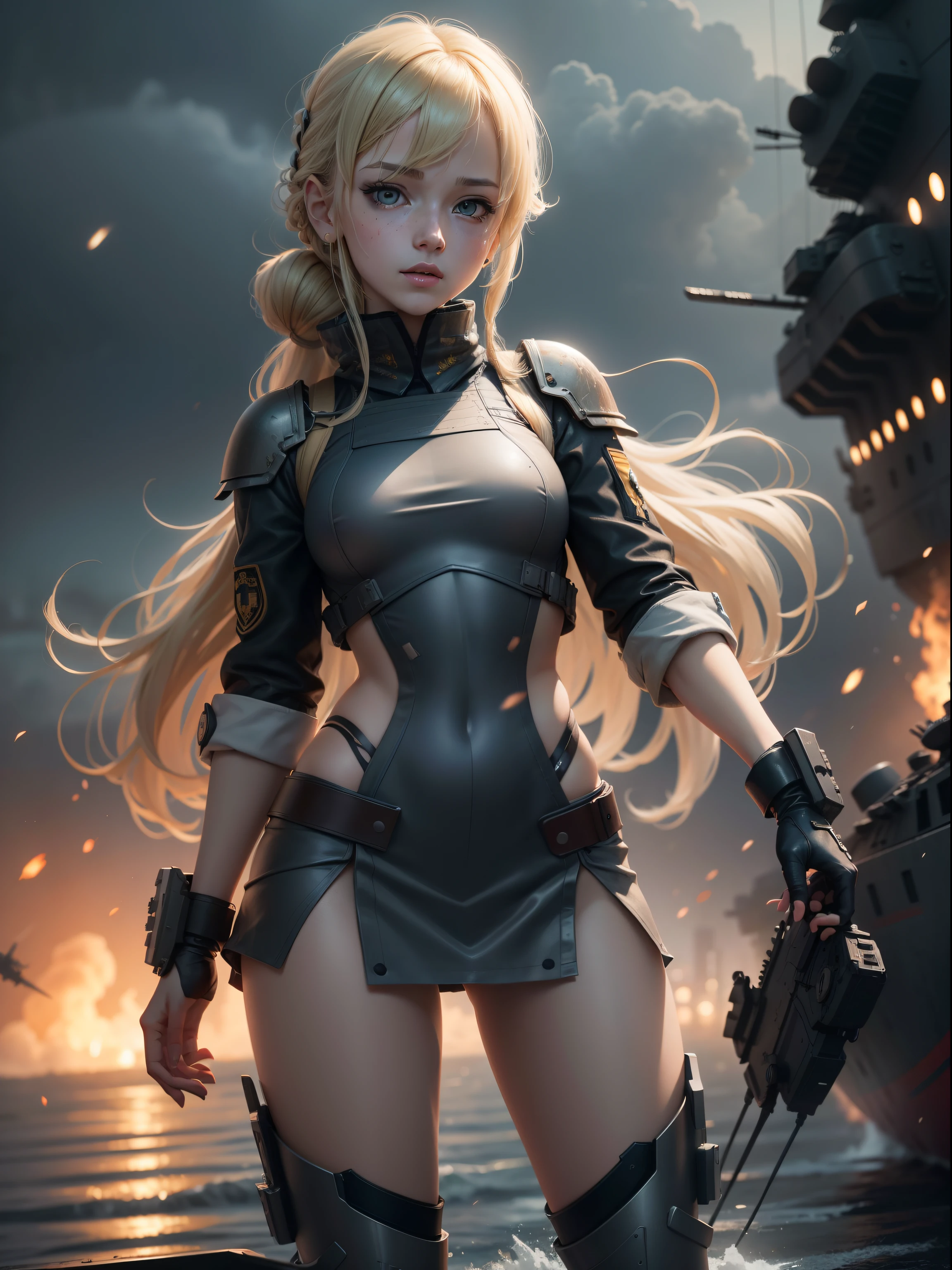 Destroyed aircraft carrier,ukrainian girl , Ukrainian anime girls , , Ukraine ,  Full body composition of young girl with messy bright blonde hair, eye make up, 13 year old,  Soft lighting, Solo,, badges, Pose, Blotch color, Octane Render, Hyperrealistic intricate detail, Cinematic, 8K resolution, 70mm, Accent Lighting, Global Illumination, Full body portrait, clean detailed faces, poneyTail,Cute face,, Slim legs,Combat Armor,long court,Battleship Deck,