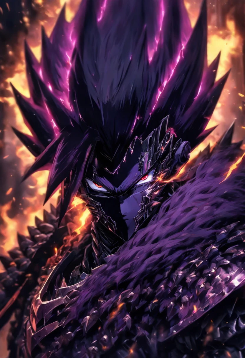 High quality, Ultra detailed, spiked dark armor, Face behind the cameraHead facing the camera, Ultra photo realism, purple eyes, dark shorthair, On the road, standing, dark flames, mean face, vilain character