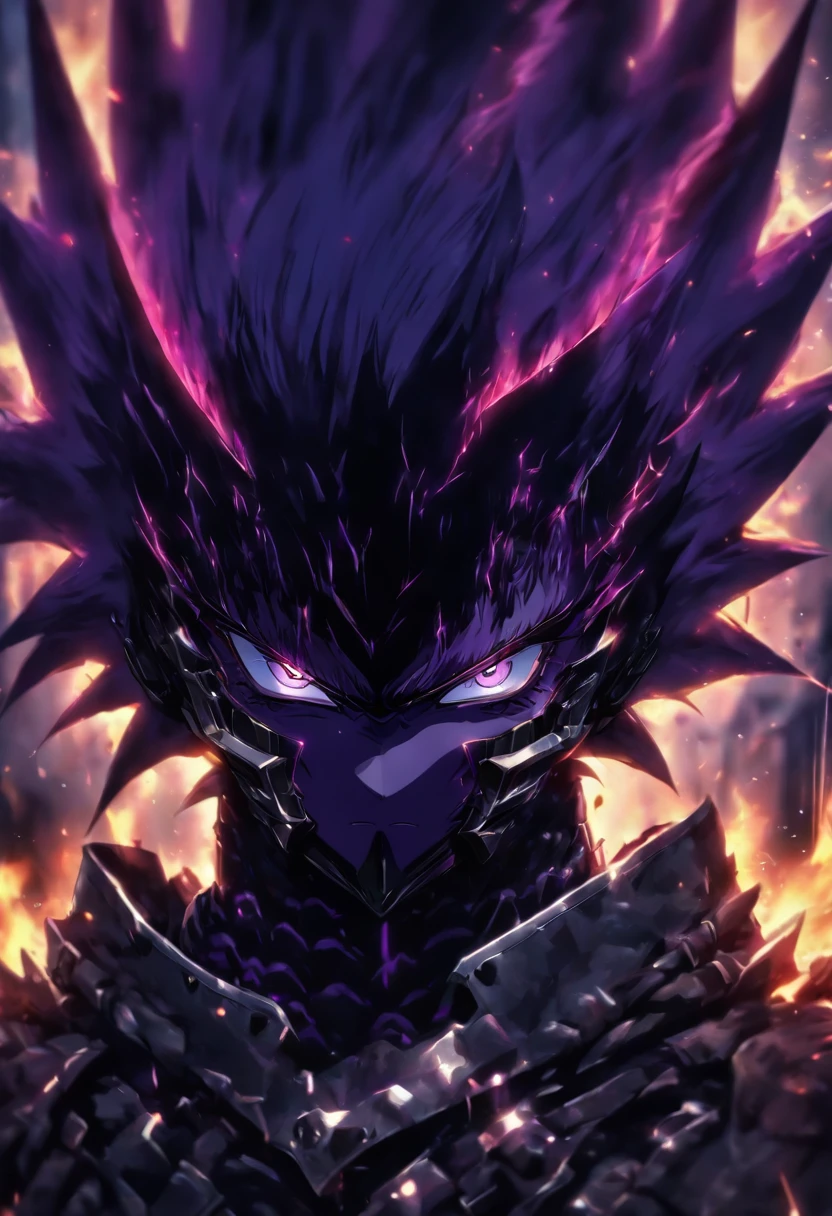 High quality, Ultra detailed, spiked dark armor, Face behind the cameraHead facing the camera, Ultra photo realism, purple eyes, dark shorthair, On the road, standing, dark flames, mean face, vilain character