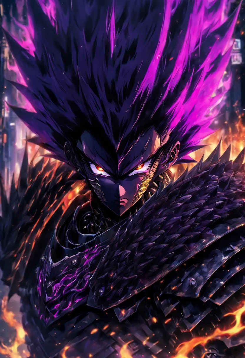 High quality, Ultra detailed, spiked dark armor, Face behind the cameraHead facing the camera, Ultra photo realism, purple eyes, dark shorthair, On the road, standing, dark flames, mean face, vilain character