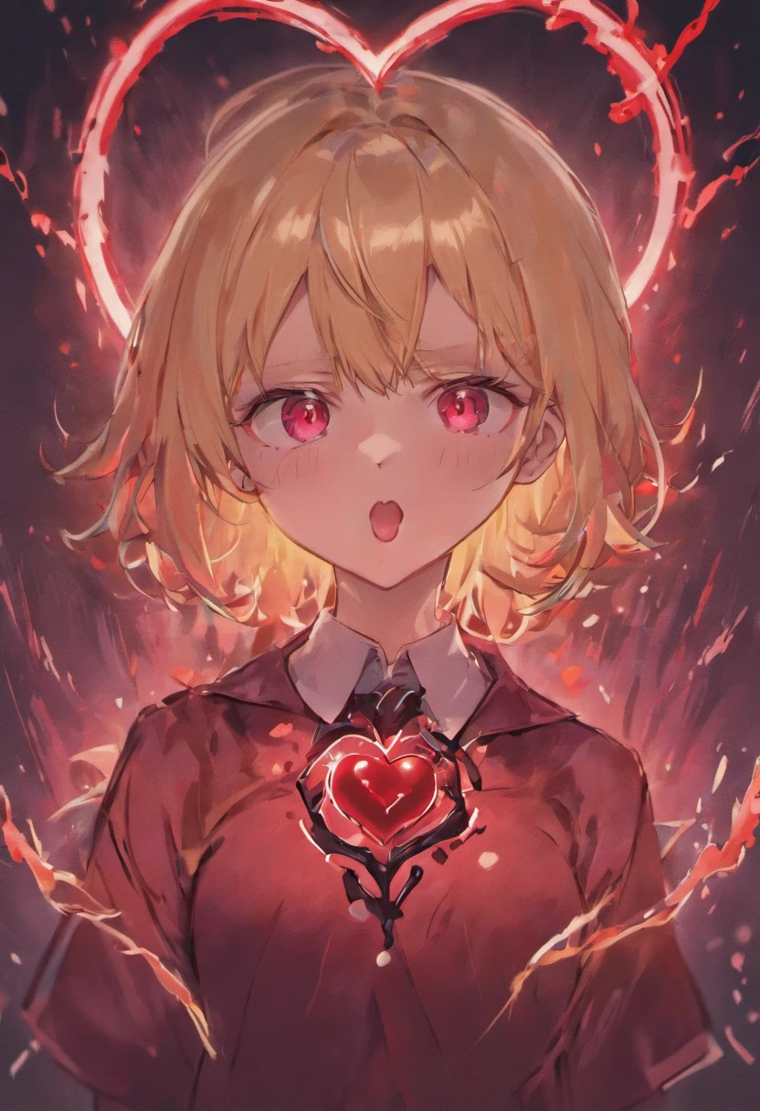 heart-shaped shaped pupils，(SFW), (master part:1.2), best quality, master part, Altas, Original, papel de parede extremamente detalhado, (ultra-detalhado), (best illustration), (Melhor sombra), (Kobeni), seios grandes, seios perky, (camisa de colarinho branco), (mancha de sangue:1.1), (Horrorizado:1.2), (gravata preta), (Mancha de camisa), (Manchado), 1girl, Olhando para o Viewer, (assustado:1.2), (Teary:1.1), (olhos castanhos), (sinal de paz),Tongue out, tongue, heart-shaped shaped pupils