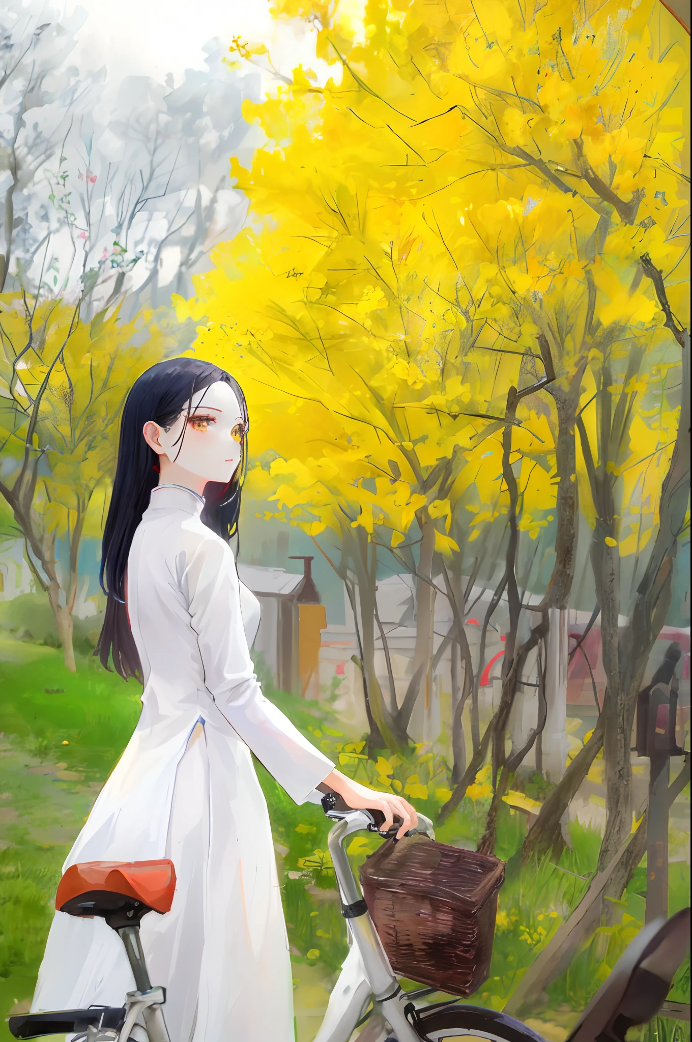 arafed woman in a white dress standing next to a bicycle, ao dai, vietnamese woman, the most beautiful scene, very beautiful girl, mai anh tran, dao trong le, dilraba dilmurat, beautiful yellow woman, beautiful asian girl, lovely woman, dang my linh, beautiful lady, very extremely beautiful, beautiful south korean woman