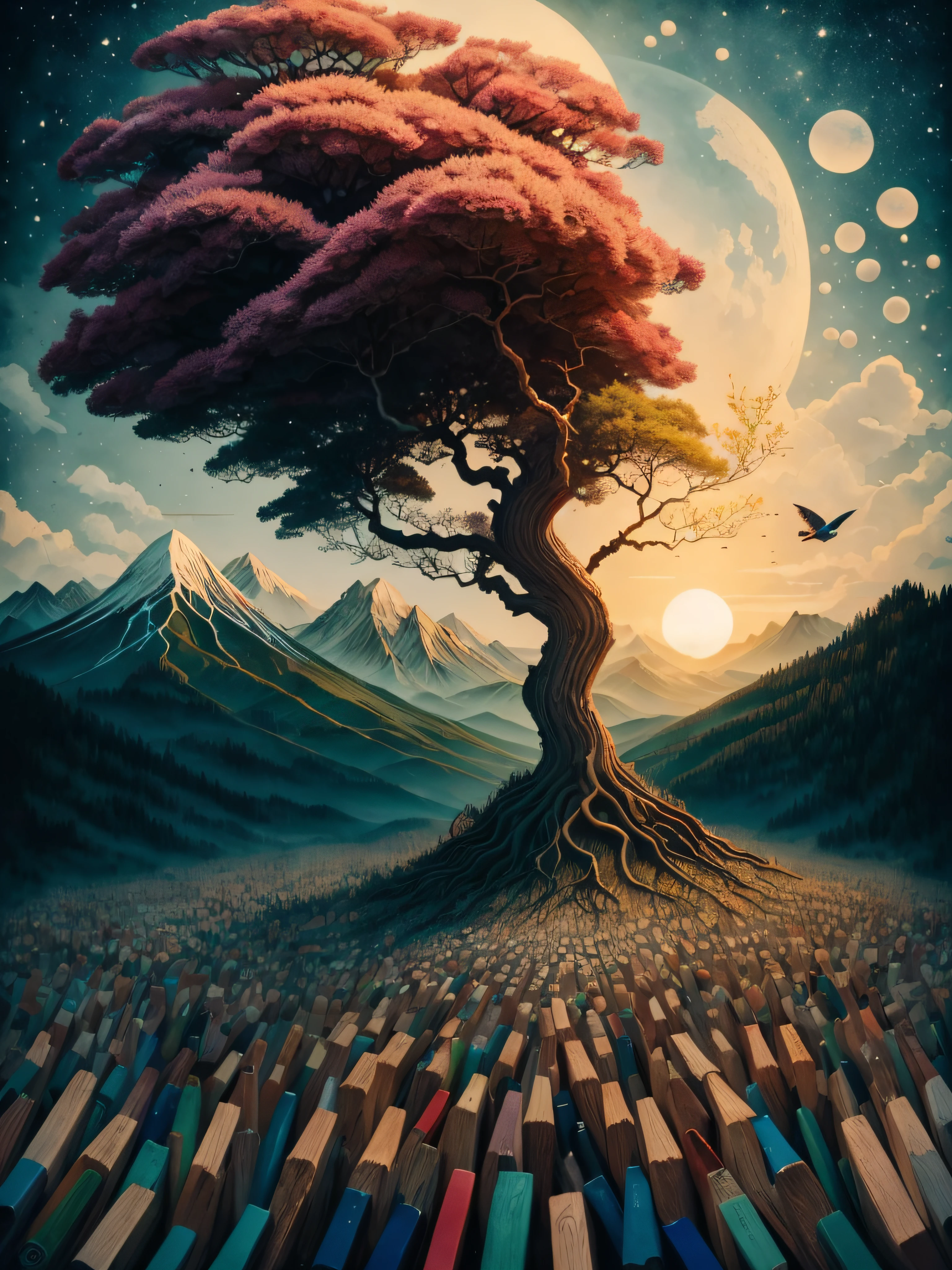 Painting a tree on top of a mountain, Mountain of wooden pencils, atardecer, Surrealist illustration, Arte oscuro surrealista, Estilo Mark Ryden, Mark Ryden muy detallado, Mark Ryden's Estilo, Naoto Hattori, Surrealismo pop lowbrow, Mark Ryden en el estilo de, benjamin lacombe, Surrealismo pop Lowbrow Art Style, Arte lowbrow, por Mark Ryden