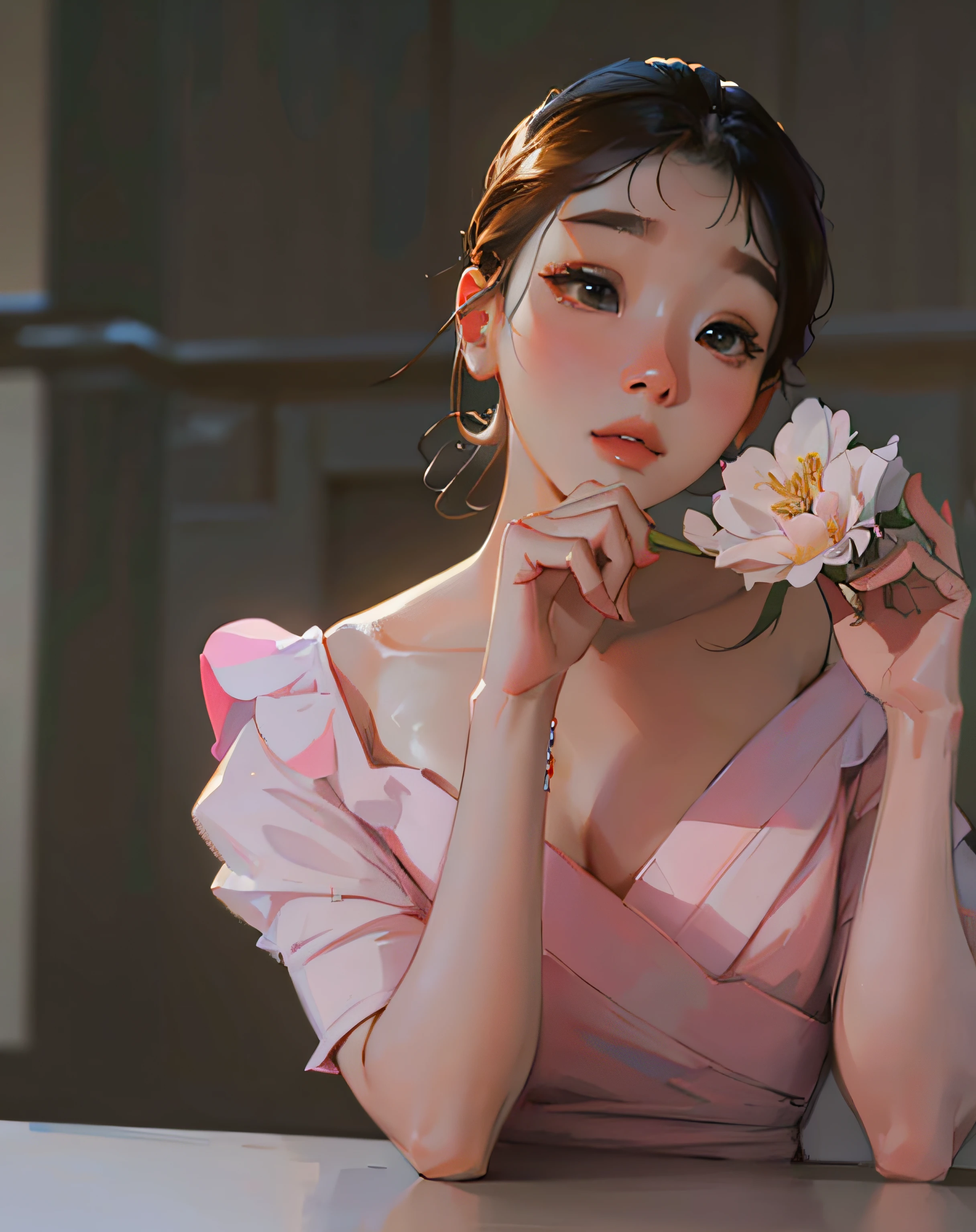((Best Quality, 8K, Masterpiece: 1.3)), best quality, ultra high res, (photorealistic:1.4),1girl, IU, Lee Ji-eun, iu art, arms behind back, colorful, clear sharp focus, soft lights, Intricate details, perfect face, a close up of a woman in a pink dress holding a flower, bae suzy, iu, iu lee ji-eun as a super villain, jinyoung shin, jaeyeon nam, female actress from korea, heonhwa choe, cute korean actress, lee ji - eun, lee ji-eun, beautiful south korean woman, sha xi, kwak ji young