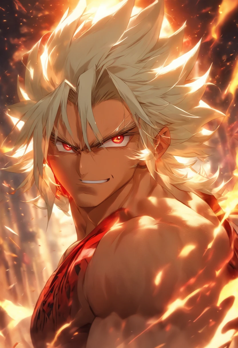 a male anime character with white hair and red eyes, character album cover, full art, antasy character, full art illustration, full portrait of elementalist, character profile art, official character art, official character illustration, merlin, high detailed official artwork, game key art, omoide emanon, oz, mobile game art, fangs, smurk, white hair, no shirt, muscular body, walking pose