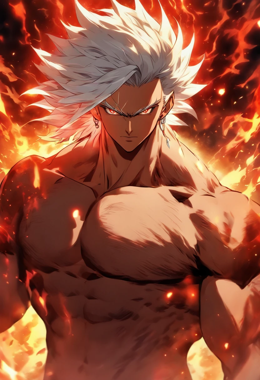 a male anime character with white hair and red eyes, character album cover, full art, antasy character, full art illustration, full portrait of elementalist, character profile art, official character art, official character illustration, merlin, high detailed official artwork, game key art, omoide emanon, oz, mobile game art, fangs, smurk, white hair, no shirt, muscular body, walking pose