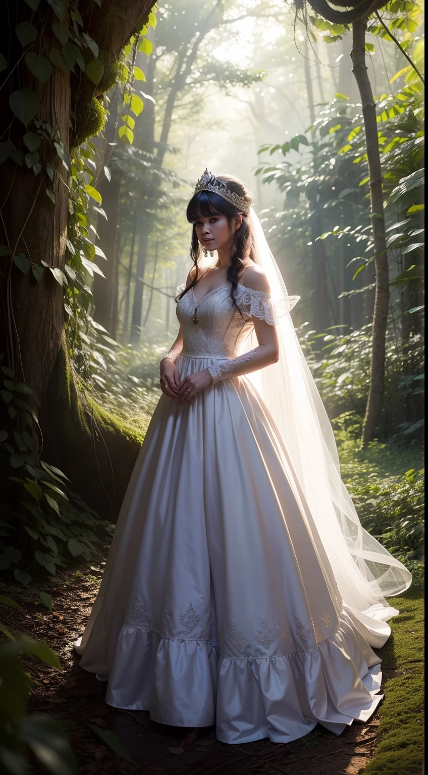 Illustrate a whimsical fairy tale scene where the Malay woman is dressed as a princess in an elaborate, ethereal gown, very long white hair, wavy hair with bangs, standing in a magical forest illuminated by soft, enchanted lighting