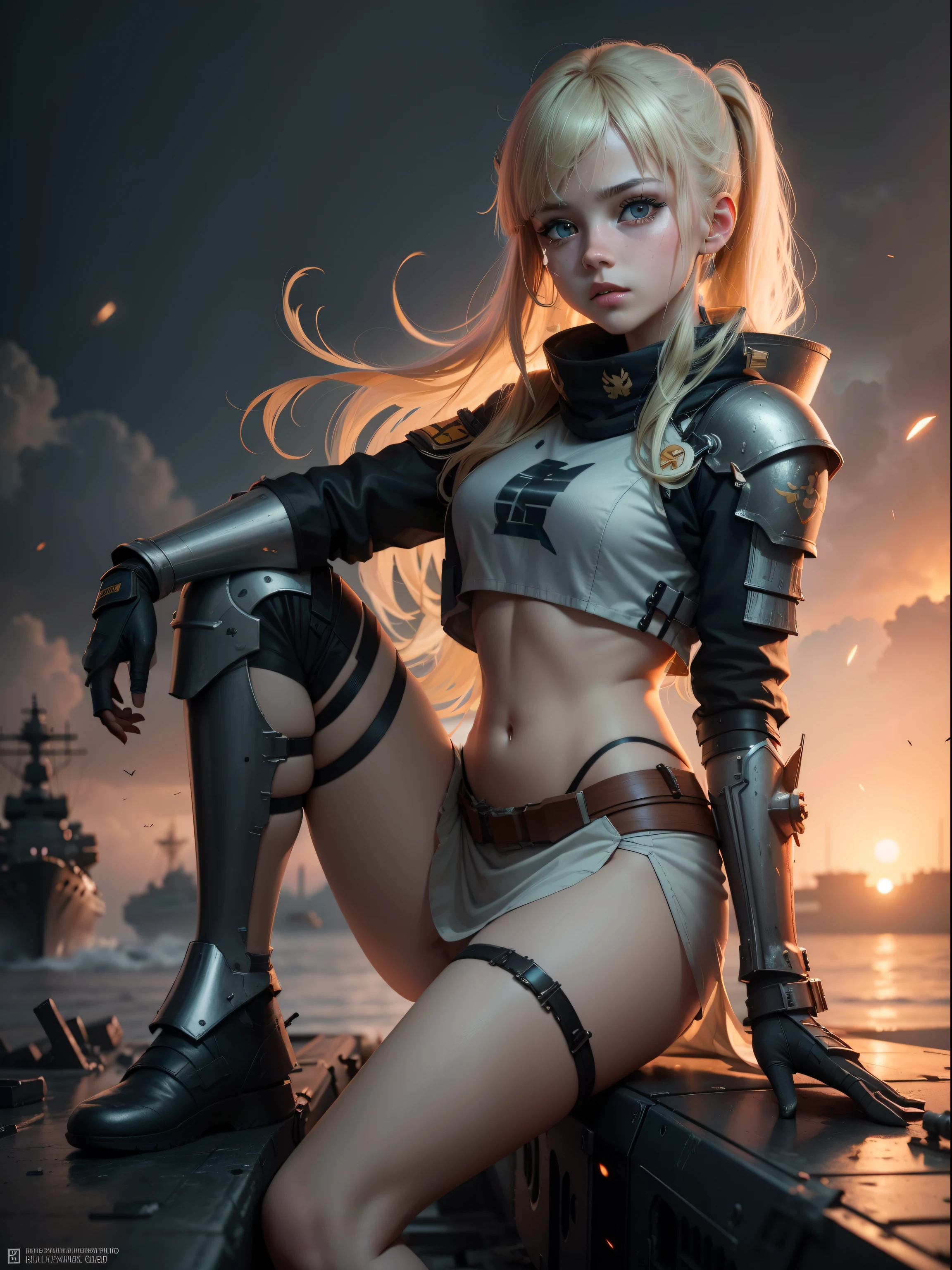 Destroyed aircraft carrier,ukrainian girl , Ukrainian anime girls , , Ukraine , Full body composition of young girl with messy bright blonde hair, eye make up, 13 year old, Soft lighting, Solo,, badges, Pose, Blotch color, Octane Render, Hyperrealistic intricate detail, Cinematic, 8K resolution, 70mm, Accent Lighting, Global Illumination, Full body portrait, clean detailed faces, poneyTail,Cute face,, Slim legs,Combat Armor,long court,Battleship Deck,