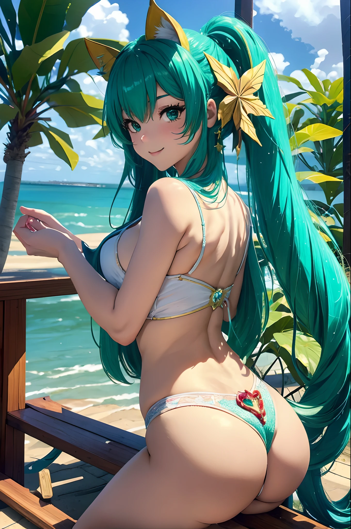 (master part, best quality:1.2), detalhes intrincados, Guardian Star Ahri, 1girl, orelhas de animais, ornamento de cabelo, Mangas em destaque, bareshoulders, Saia, magical girl, Multiple Tails, green hair, sorriso leve