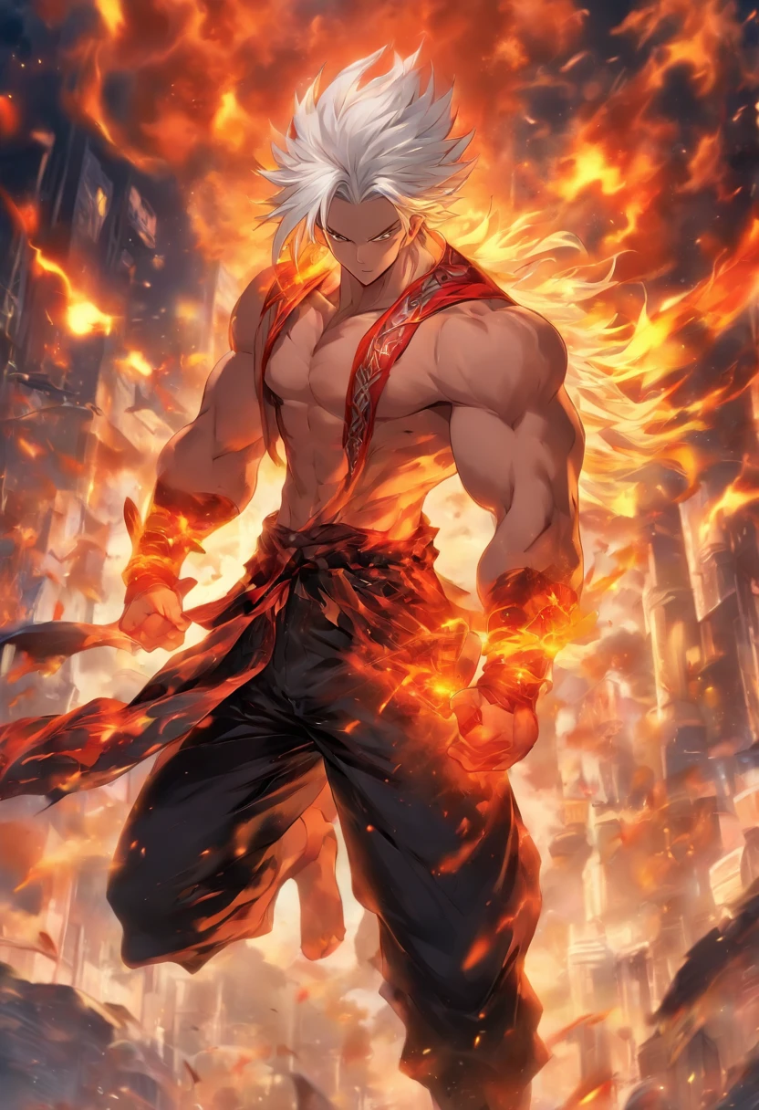 a male anime character with white hair and red eyes, character album cover, full art, antasy character, full art illustration, full portrait of elementalist, character profile art, official character art, official character illustration, merlin, high detailed official artwork, game key art, omoide emanon, oz, mobile game art, fangs, smurk, white hair, no shirt, muscular body, walking pose, white clothes, and fiery clothes.