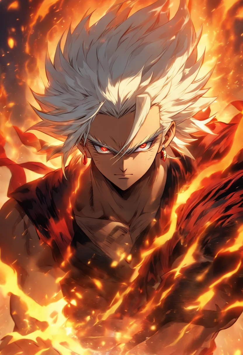 a male anime character with white hair and red eyes, character album cover, full art, antasy character, full art illustration, full portrait of elementalist, character profile art, official character art, official character illustration, merlin, high detailed official artwork, game key art, omoide emanon, oz, mobile game art, fangs, smurk, white hair, no shirt, muscular body, walking pose, white clothes, and fiery clothes.