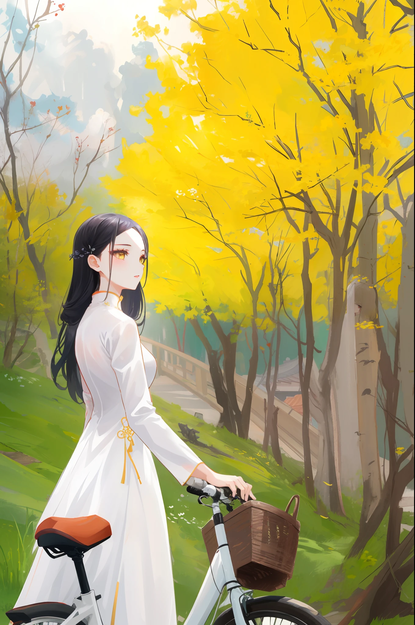 arafed woman in a white dress standing next to a bicycle, ao dai, vietnamese woman, the most beautiful scene, very beautiful girl, mai anh tran, dao trong le, dilraba dilmurat, beautiful yellow woman, beautiful asian girl, lovely woman, dang my linh, beautiful lady, beautiful south korean woman, very extremely beautiful