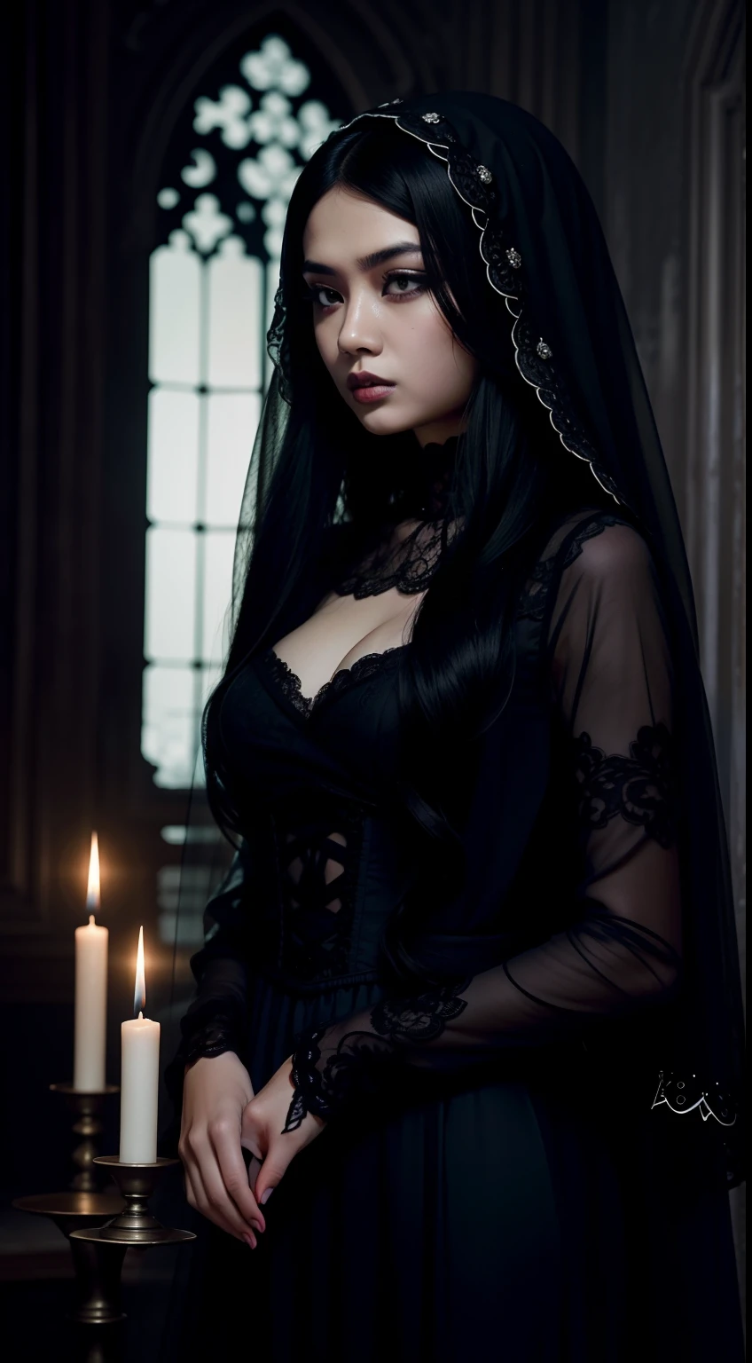 Capture a hauntingly beautiful portrait of the Malay woman in a gothic-inspired,white long hair, black lace gown with a veil, set within a mysterious and eerie mansion, where candlelight casts eerie shadows, creating an atmosphere of dark, Gothic horror.